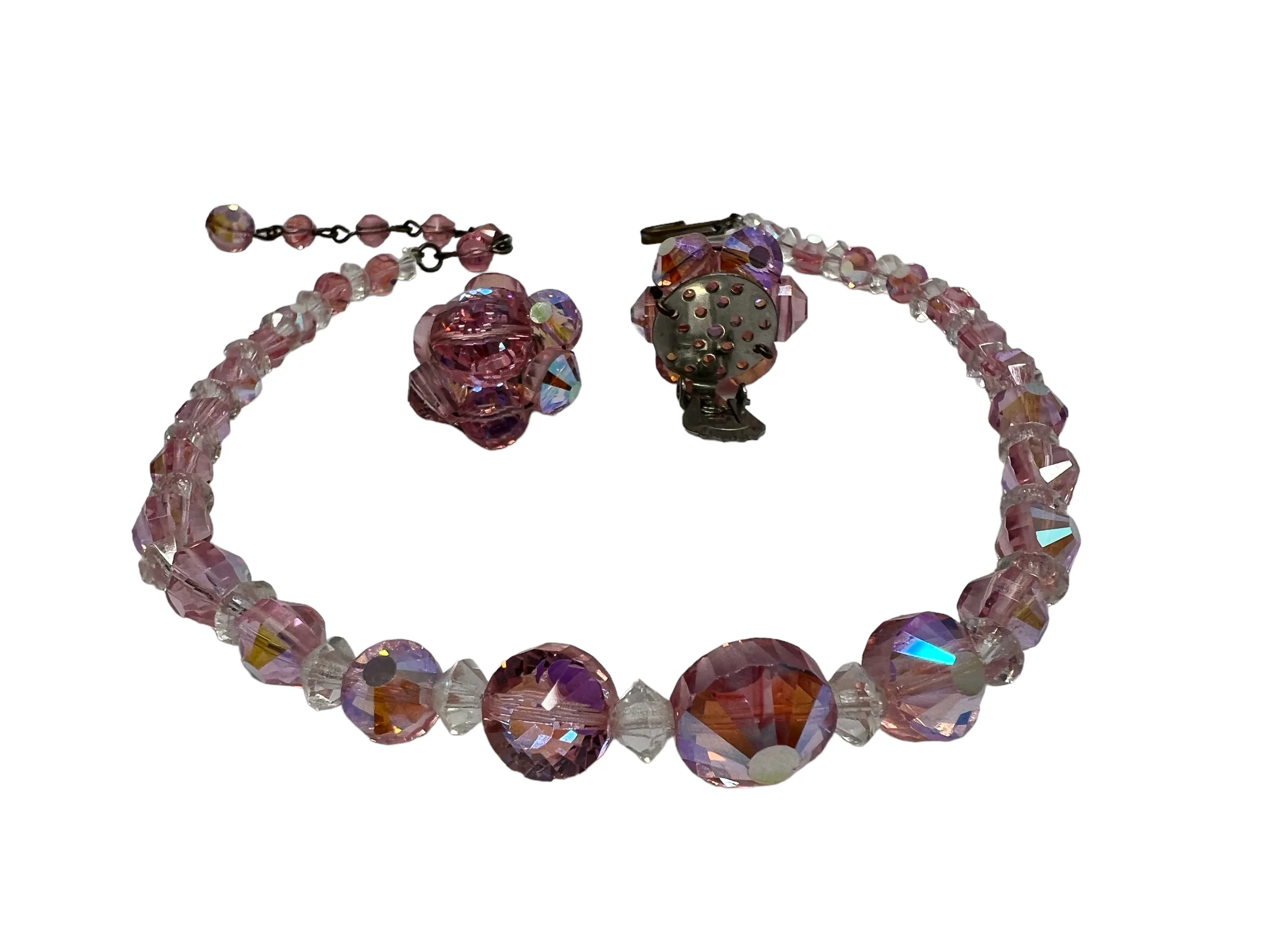 60s Pink Aurora Borealis Beaded Set Choker Earrings - Image 4