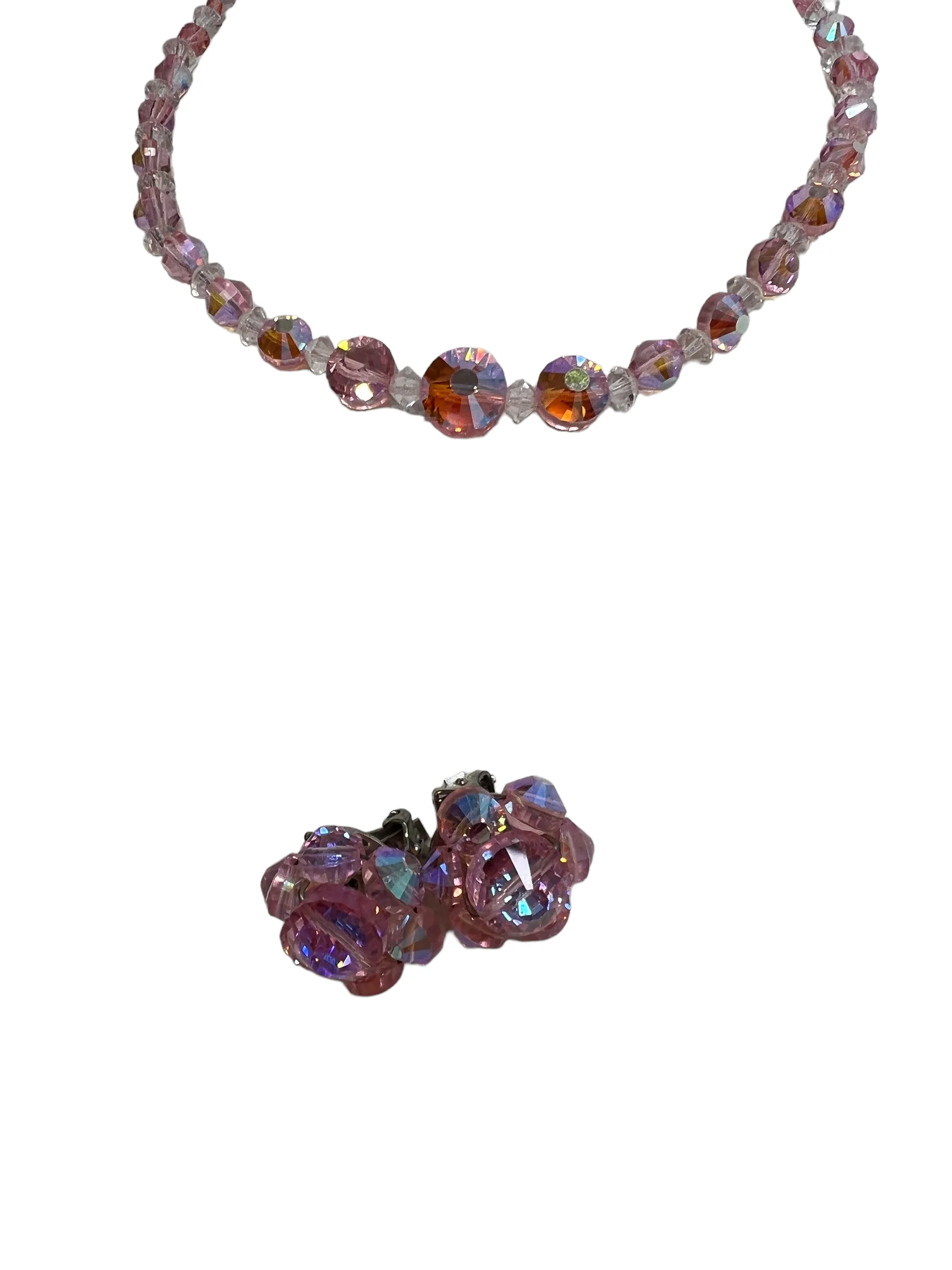 60s Pink Aurora Borealis Beaded Set Choker Earrings - Image 5