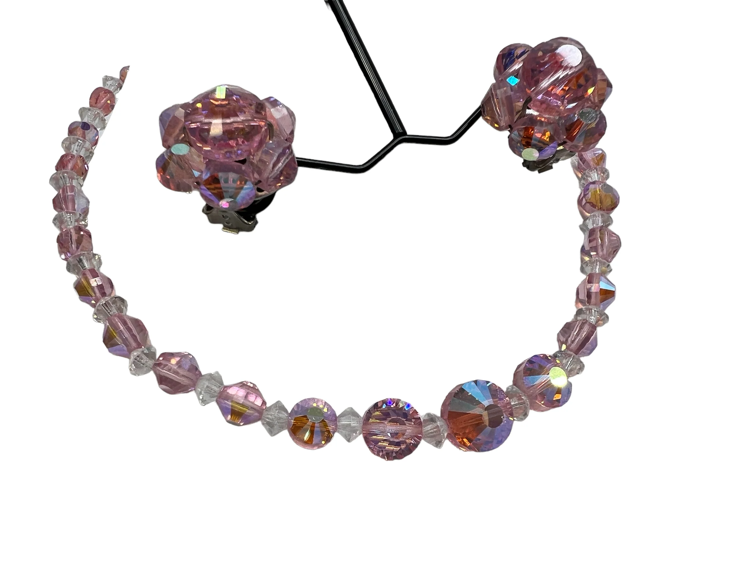 60s Pink Aurora Borealis Beaded Set Choker Earrings - Image 7