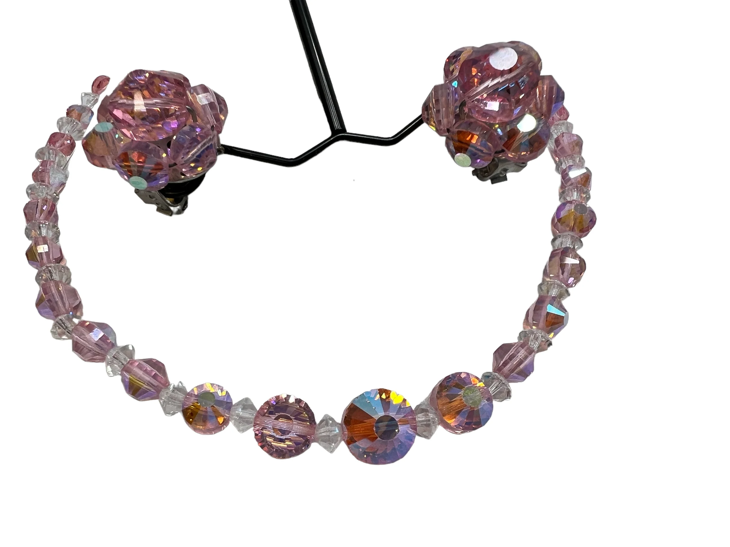 60s Pink Aurora Borealis Beaded Set Choker Earrings - Image 8