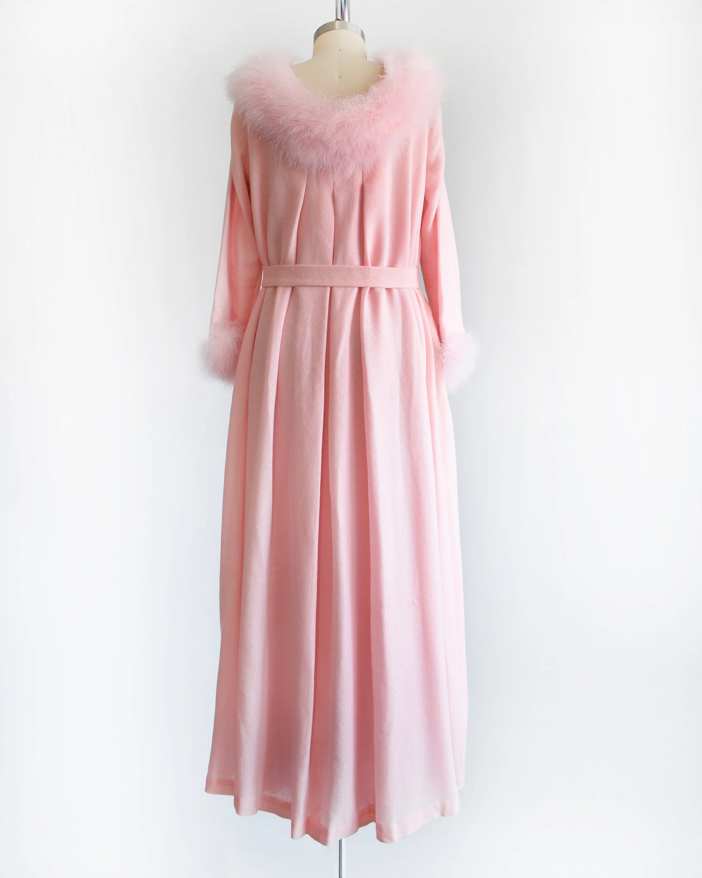 60s Pink Feather Robe Vintage 60s Dressing Gown, Pink Marabou Trim Wool House Coat, Medium Large by Kamar - Image 3