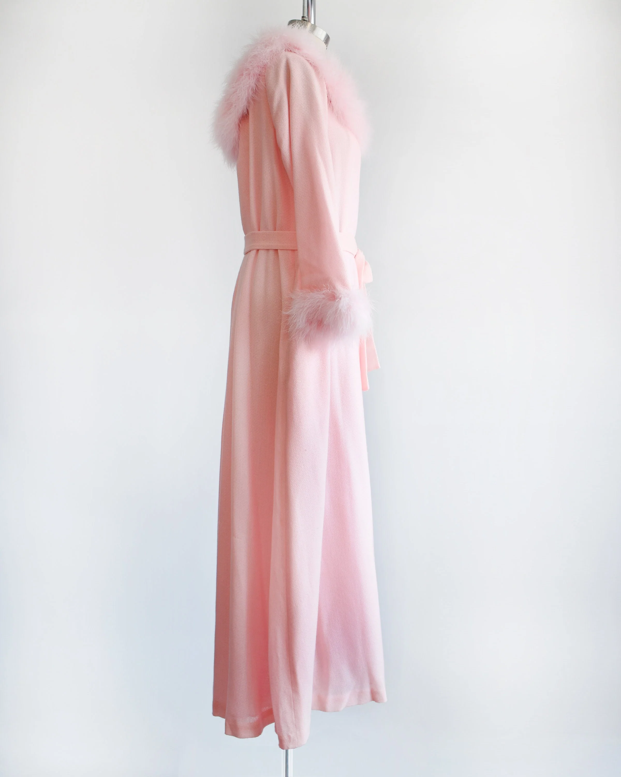 60s Pink Feather Robe Vintage 60s Dressing Gown, Pink Marabou Trim Wool House Coat, Medium Large by Kamar - Image 4