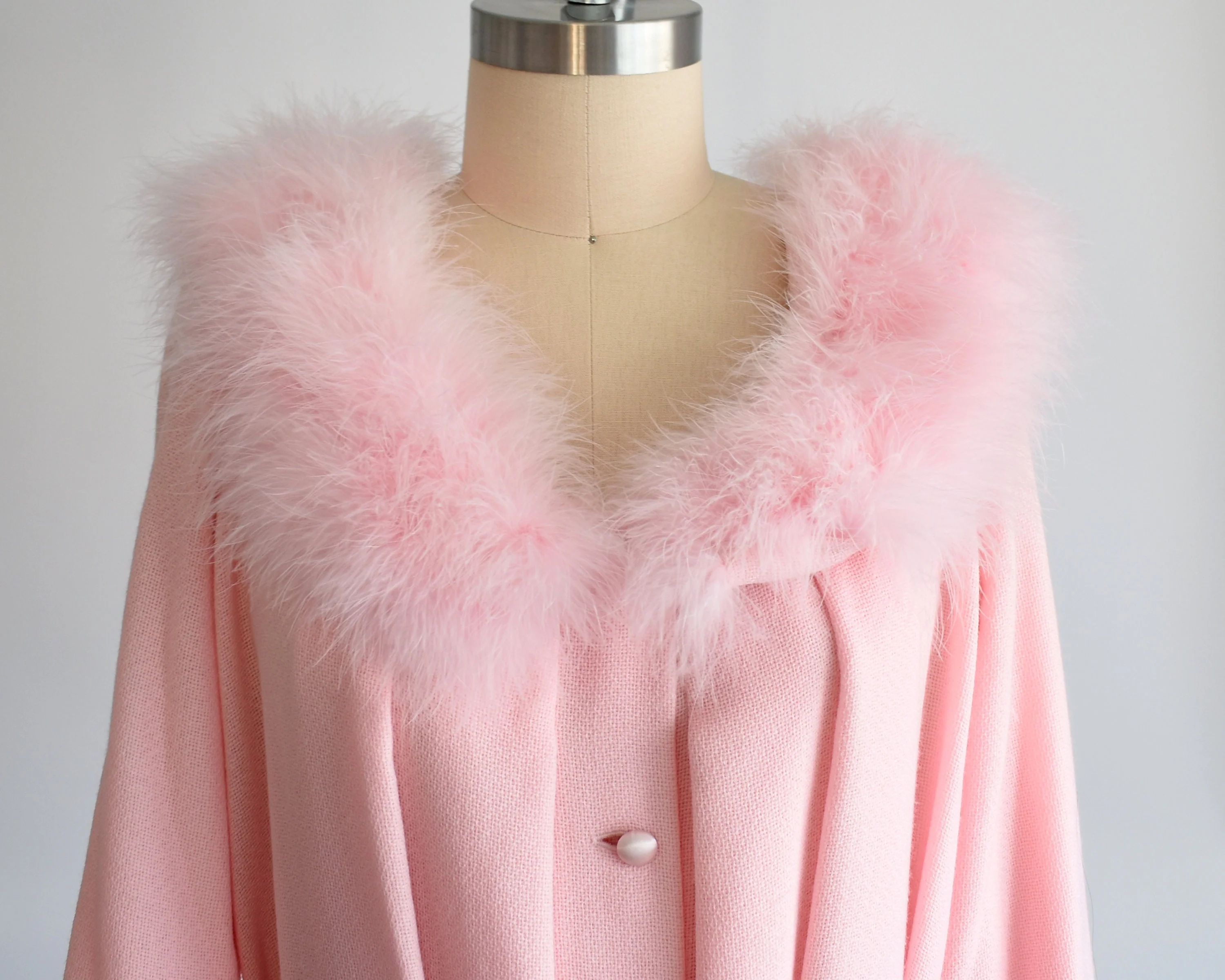 60s Pink Feather Robe Vintage 60s Dressing Gown, Pink Marabou Trim Wool House Coat, Medium Large by Kamar - Image 9
