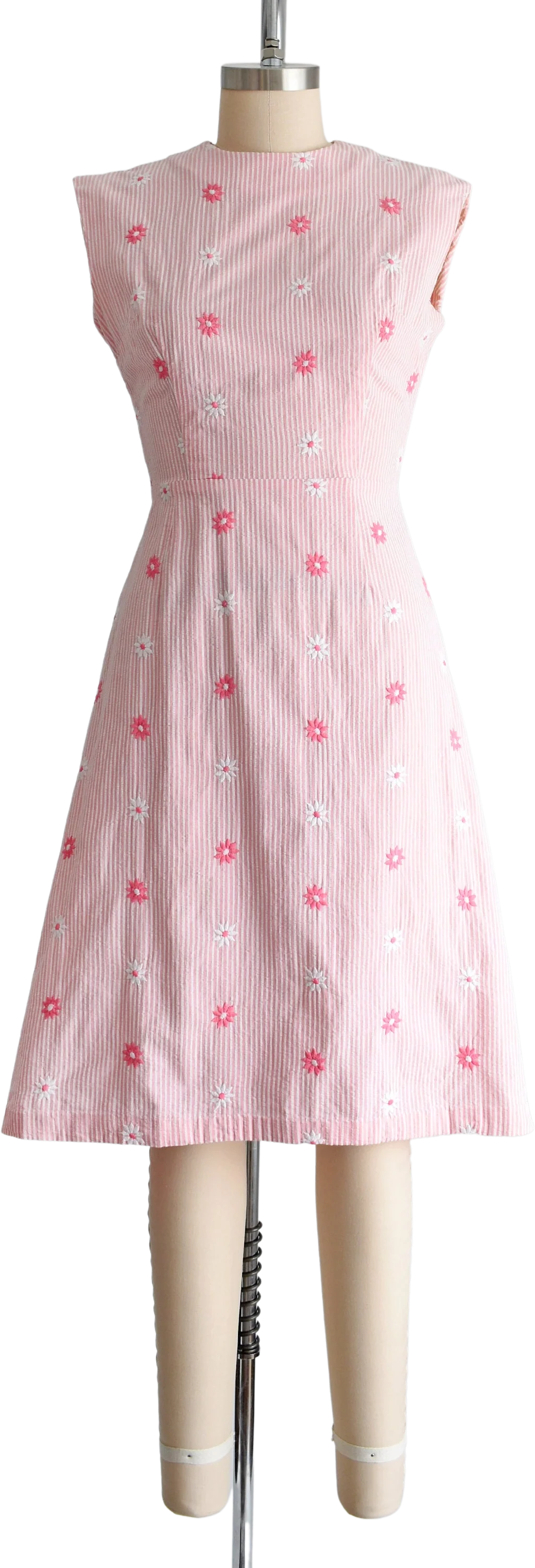 60s Pink Floral Seersucker Dress Vintage 60s Dress, Pink and White Embroidered Floral Striped Sundress, Small Medium