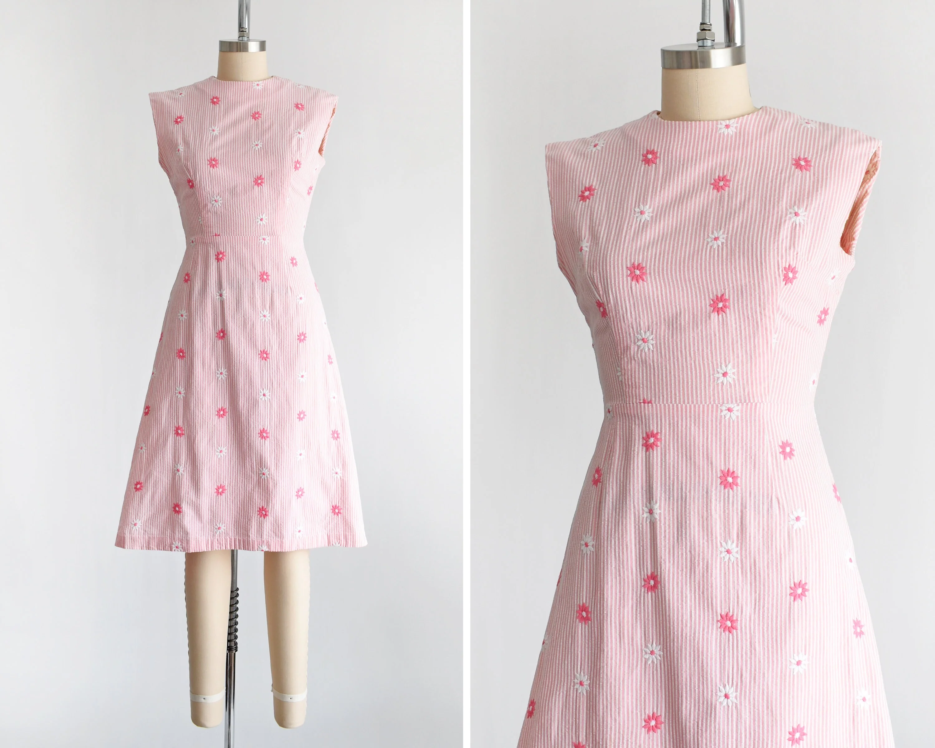 60s Pink Floral Seersucker Dress Vintage 60s Dress, Pink and White Embroidered Floral Striped Sundress, Small Medium - Image 2