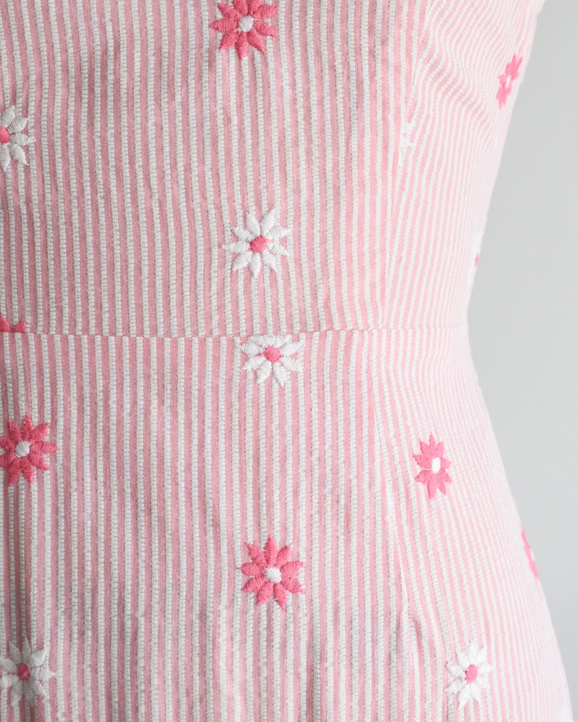 60s Pink Floral Seersucker Dress Vintage 60s Dress, Pink and White Embroidered Floral Striped Sundress, Small Medium - Image 6