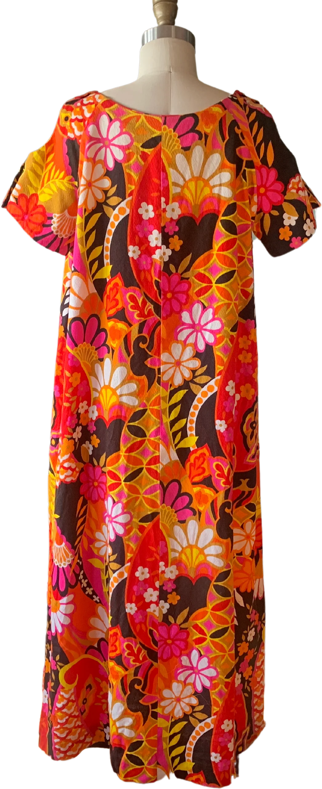 60s Pink Orange And Brown Barkcloth Tropical Dress by Aloha Authentic Hawaiian - Image 2