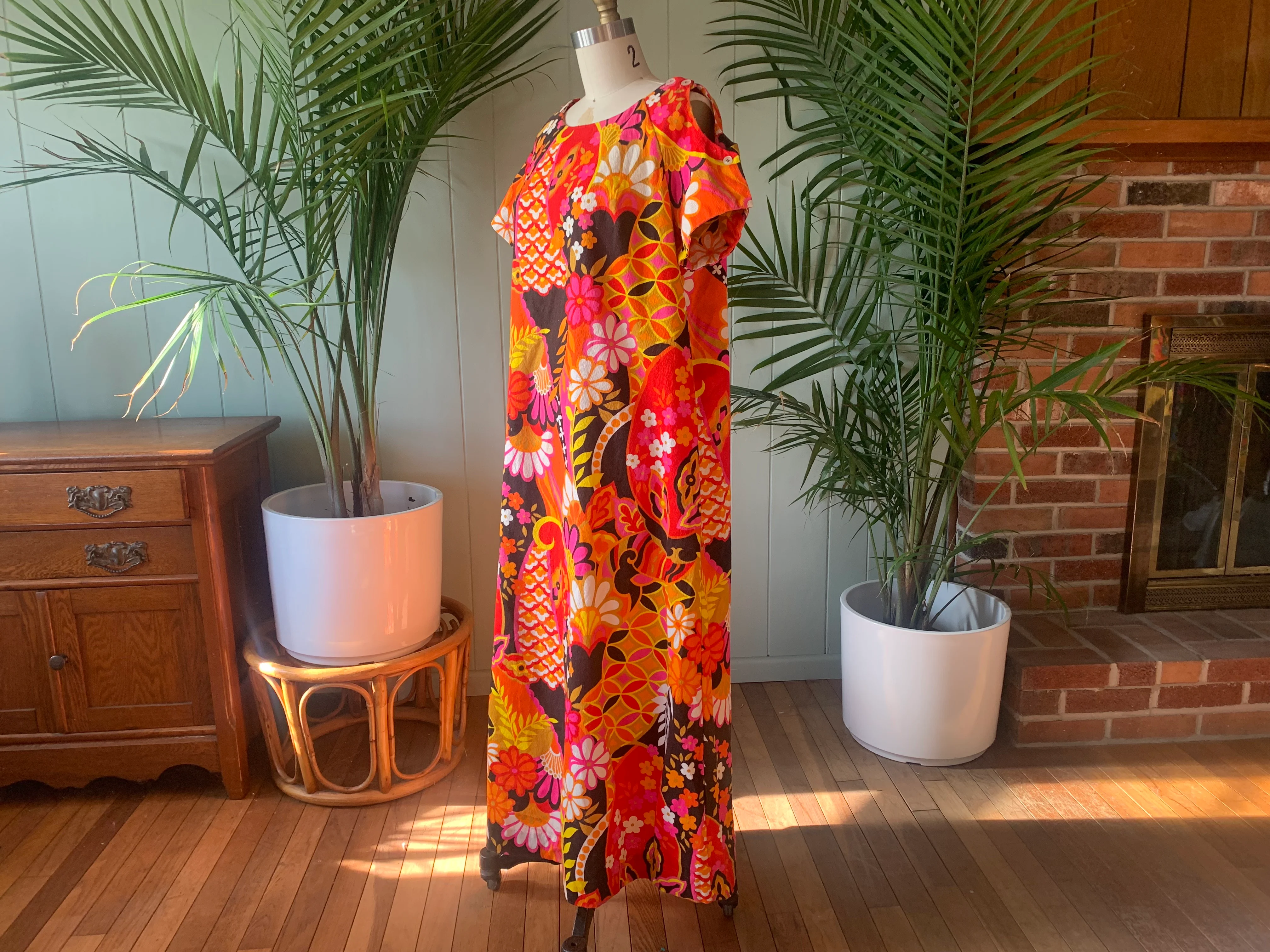60s Pink Orange And Brown Barkcloth Tropical Dress by Aloha Authentic Hawaiian - Image 4