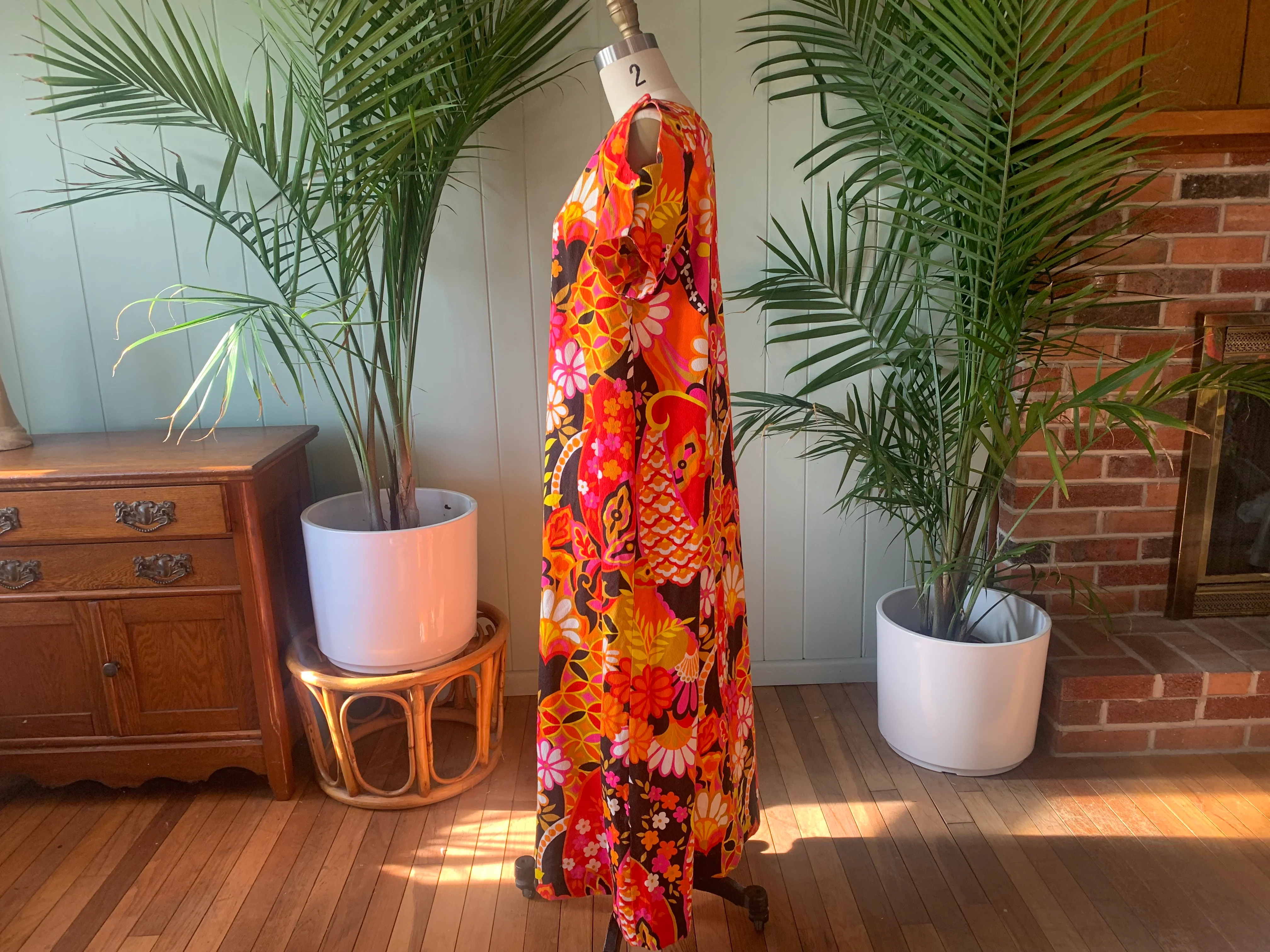 60s Pink Orange And Brown Barkcloth Tropical Dress by Aloha Authentic Hawaiian - Image 5
