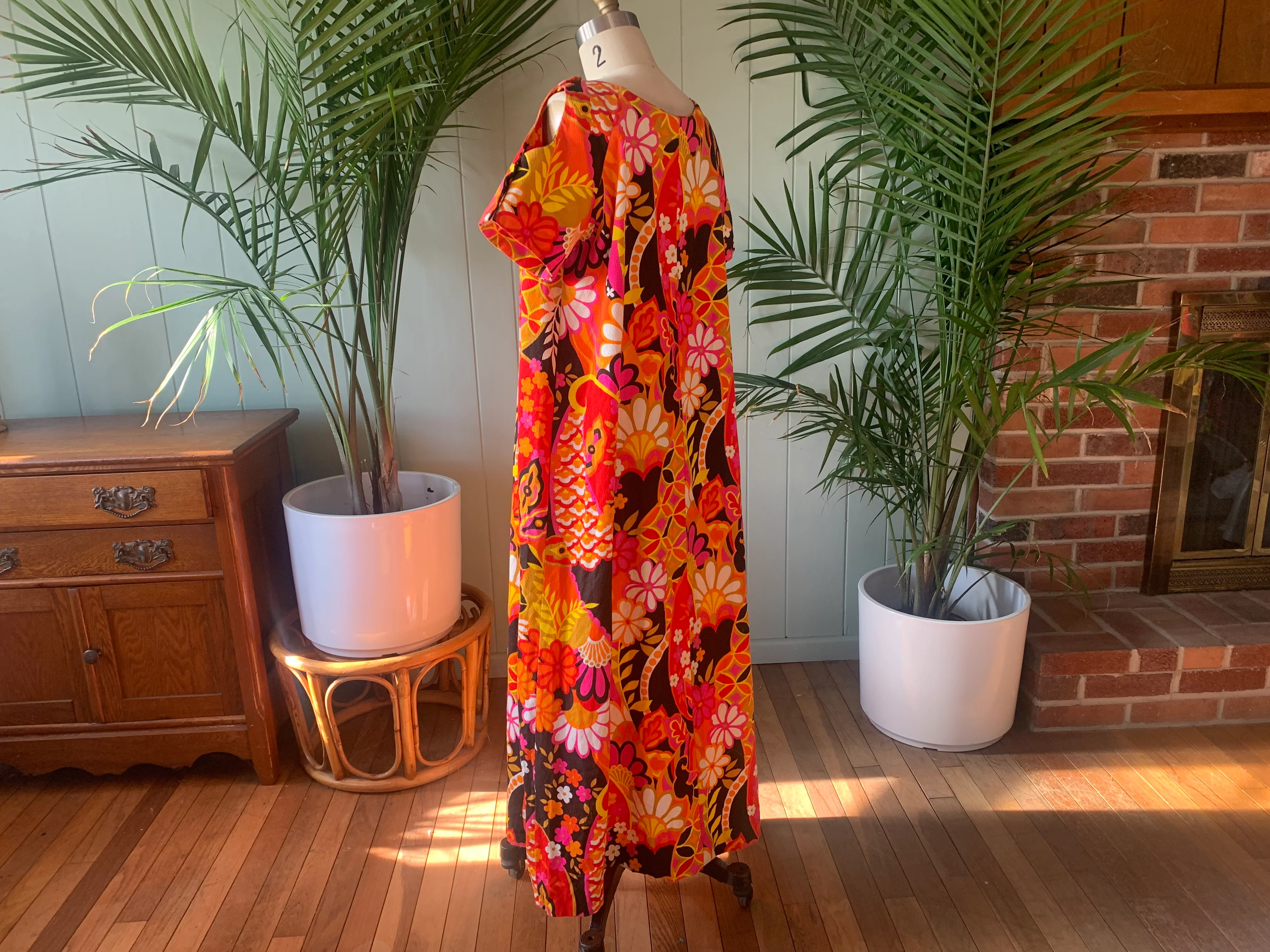 60s Pink Orange And Brown Barkcloth Tropical Dress by Aloha Authentic Hawaiian - Image 6