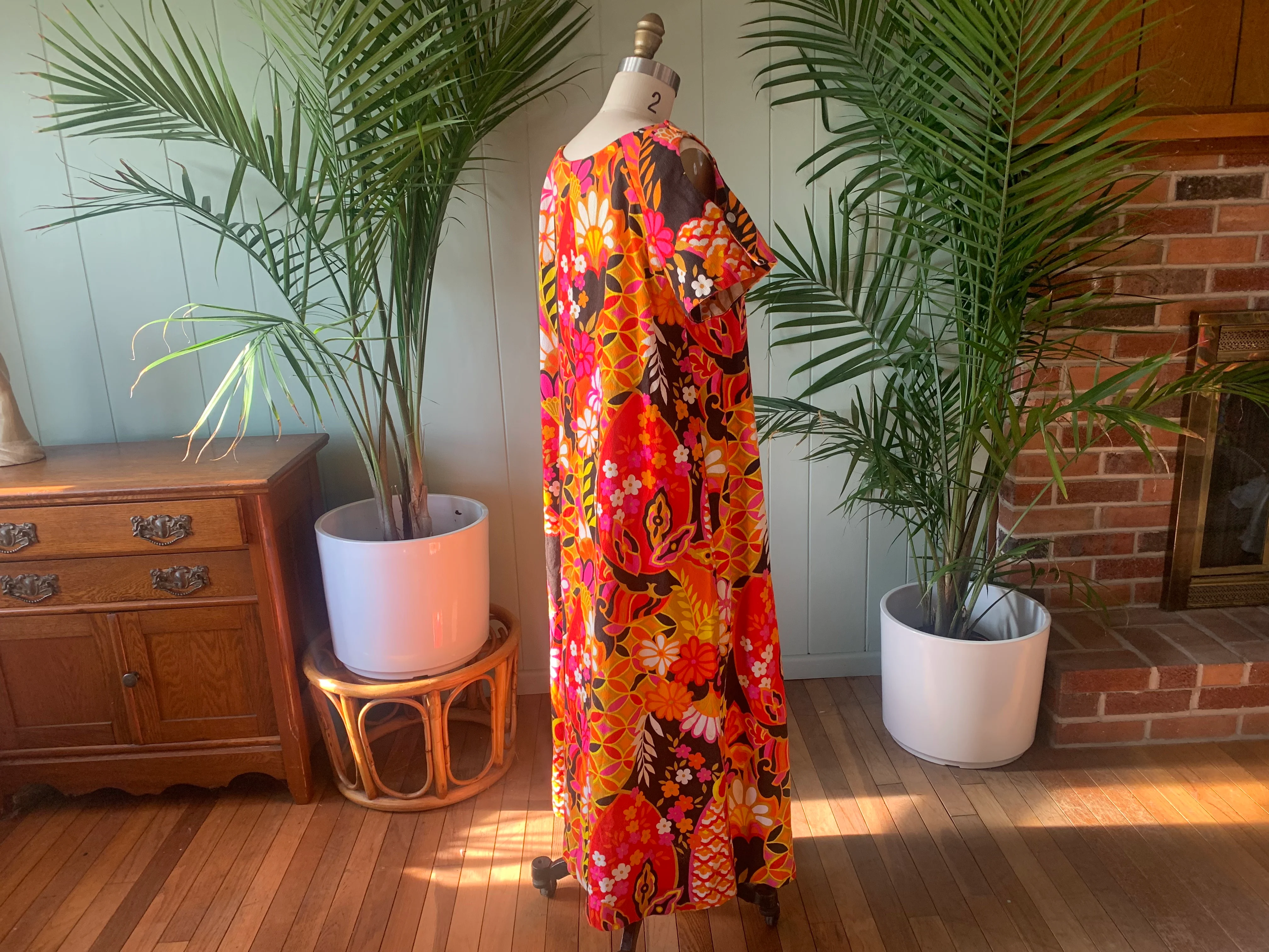 60s Pink Orange And Brown Barkcloth Tropical Dress by Aloha Authentic Hawaiian - Image 7