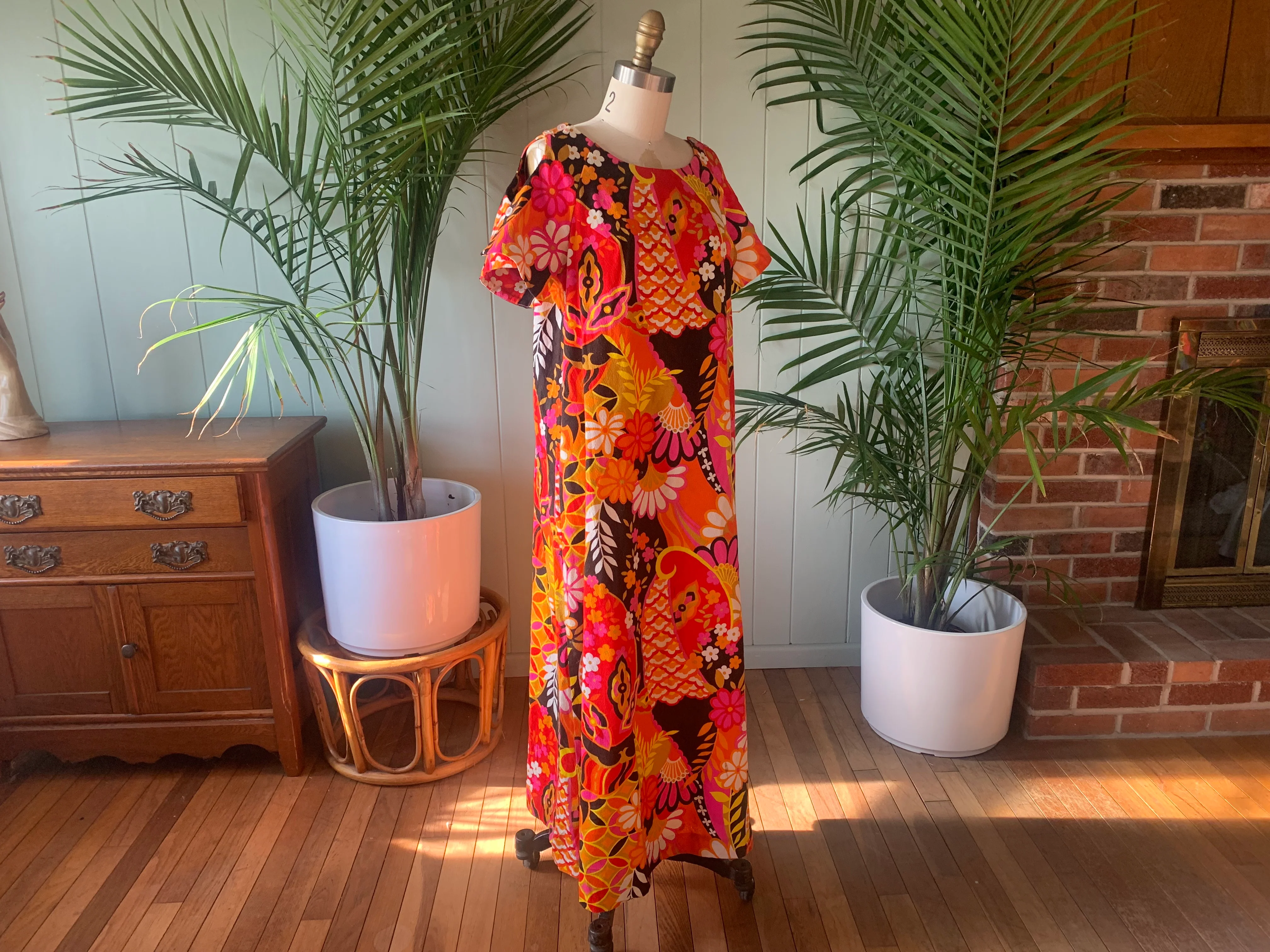 60s Pink Orange And Brown Barkcloth Tropical Dress by Aloha Authentic Hawaiian - Image 9