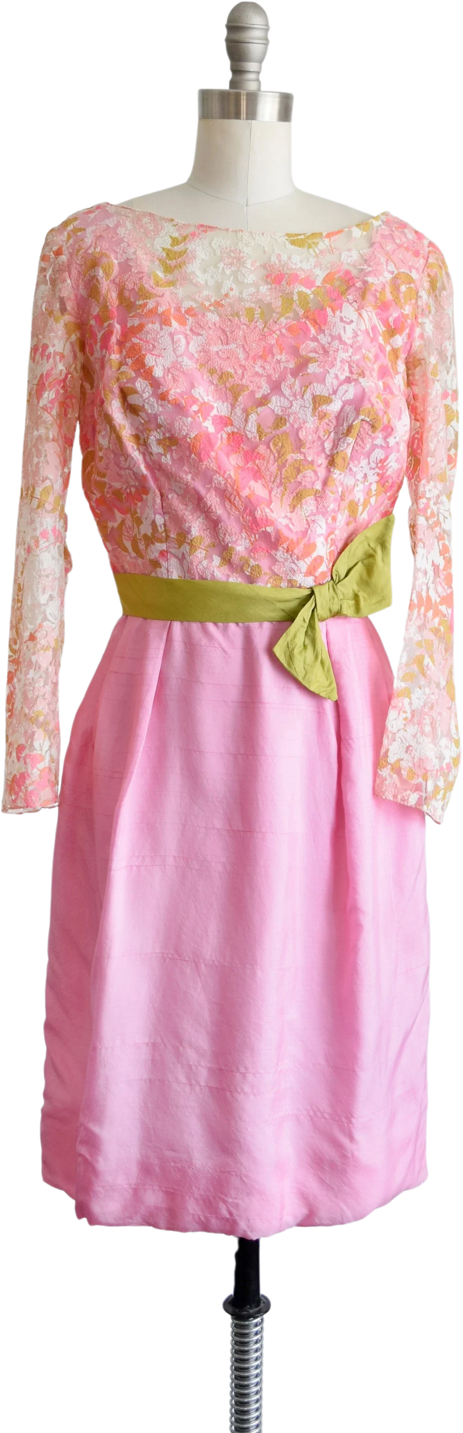 60s Pink Party Dress Vintage 60s Dress Pink and Green Floral Lace Long Sleeve Dress with Green Sash Bow, Small by Carnival Fashions Inc