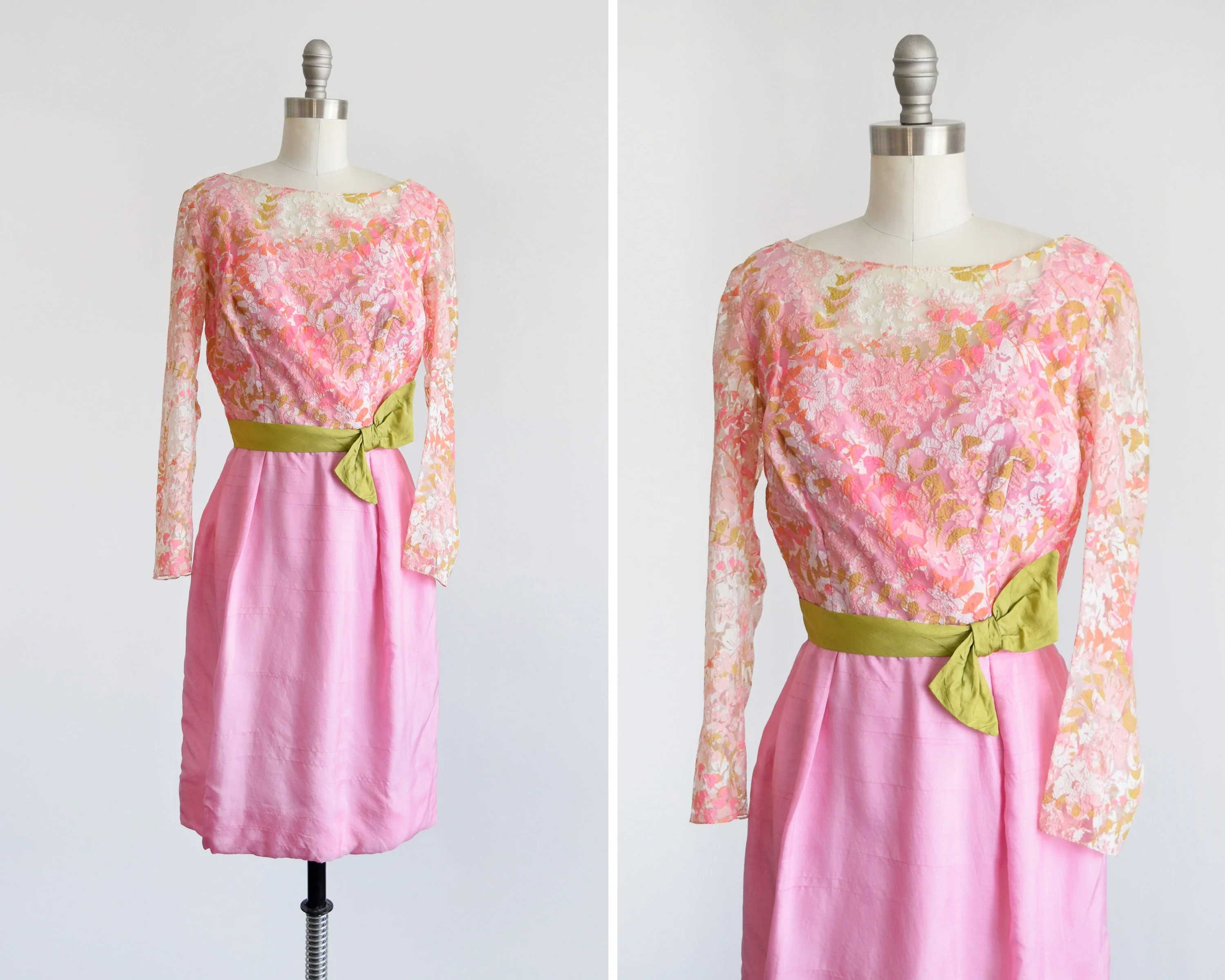 60s Pink Party Dress Vintage 60s Dress Pink and Green Floral Lace Long Sleeve Dress with Green Sash Bow, Small by Carnival Fashions Inc - Image 2