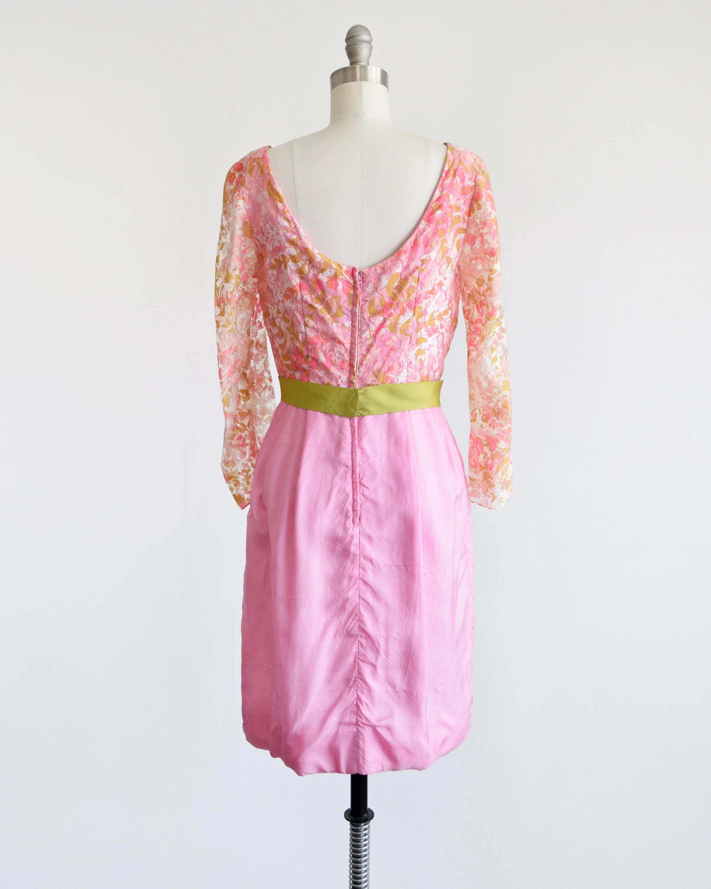 60s Pink Party Dress Vintage 60s Dress Pink and Green Floral Lace Long Sleeve Dress with Green Sash Bow, Small by Carnival Fashions Inc - Image 3