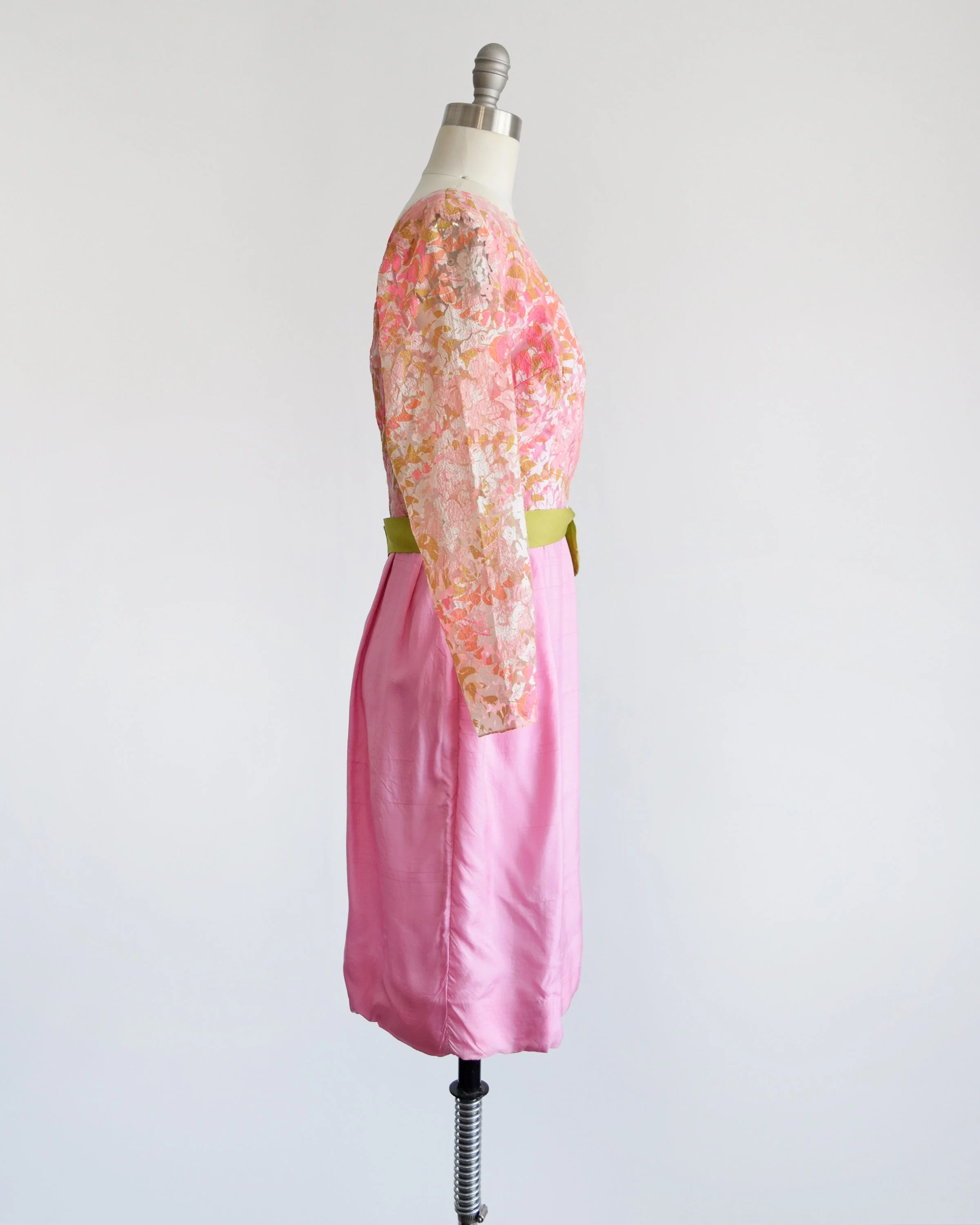 60s Pink Party Dress Vintage 60s Dress Pink and Green Floral Lace Long Sleeve Dress with Green Sash Bow, Small by Carnival Fashions Inc - Image 4