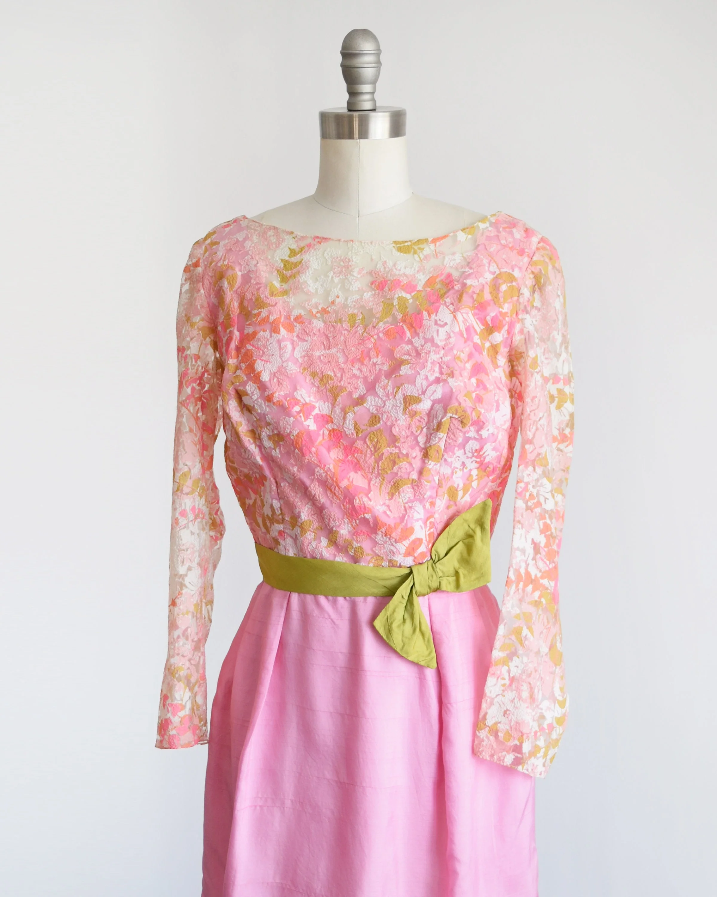 60s Pink Party Dress Vintage 60s Dress Pink and Green Floral Lace Long Sleeve Dress with Green Sash Bow, Small by Carnival Fashions Inc - Image 5