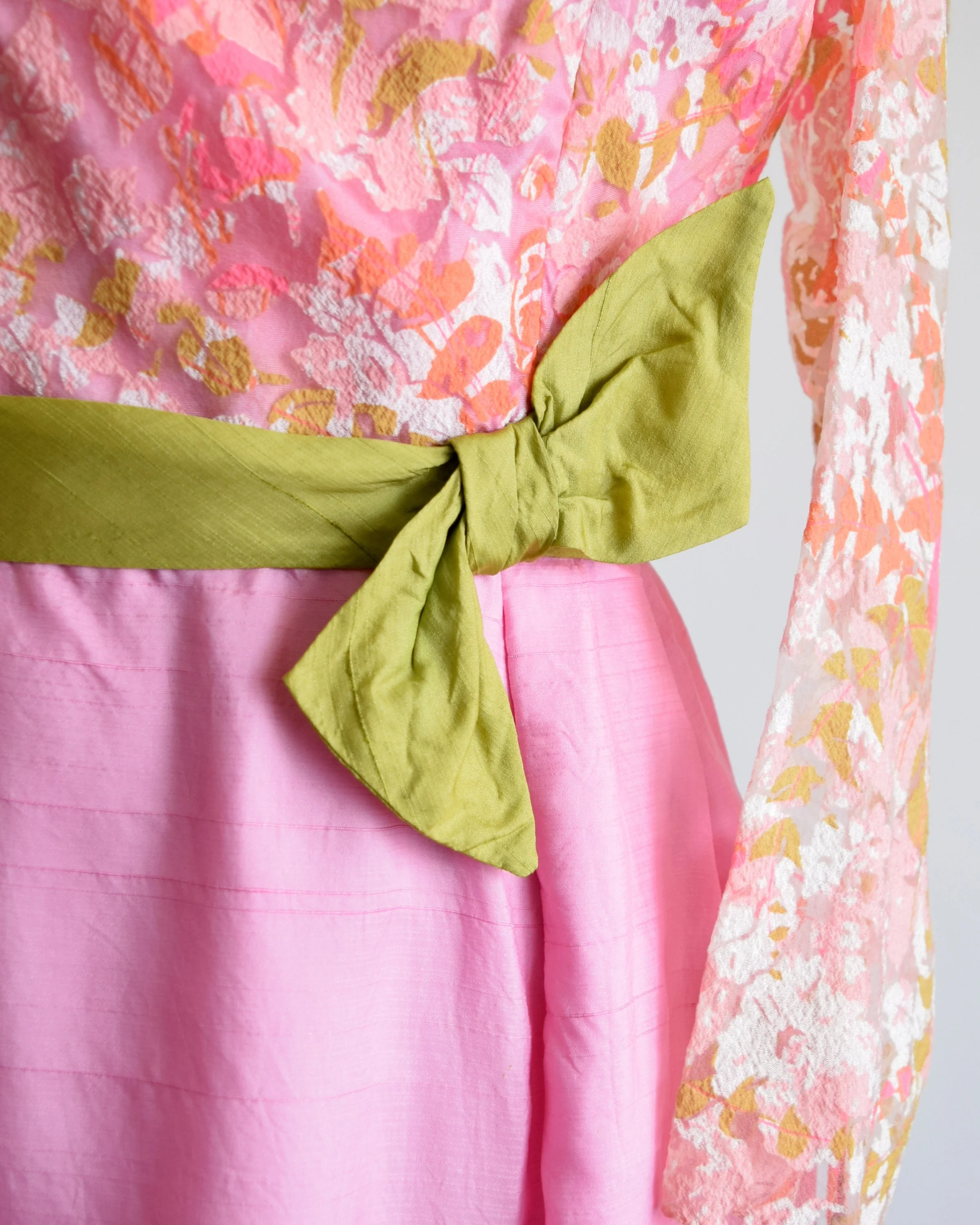 60s Pink Party Dress Vintage 60s Dress Pink and Green Floral Lace Long Sleeve Dress with Green Sash Bow, Small by Carnival Fashions Inc - Image 6