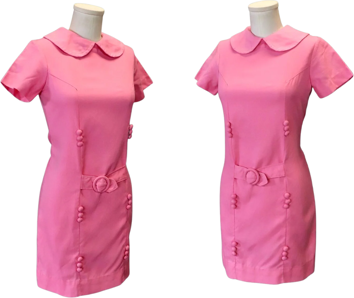 60s Pink Peter Pan Collar Babydoll Mini With Mock Belt - Image 2