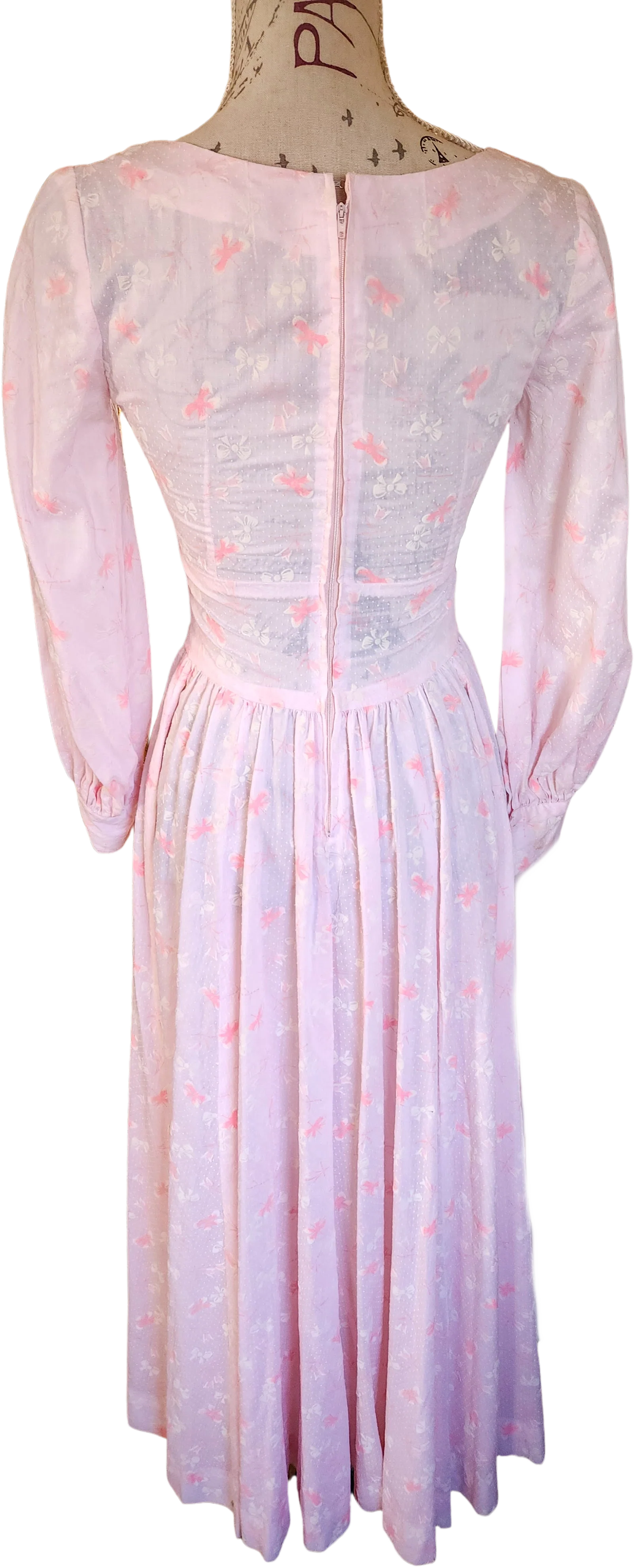 60s Pink Swiss Dot Maxi Dress With Flocked Bow Pattern - Image 2