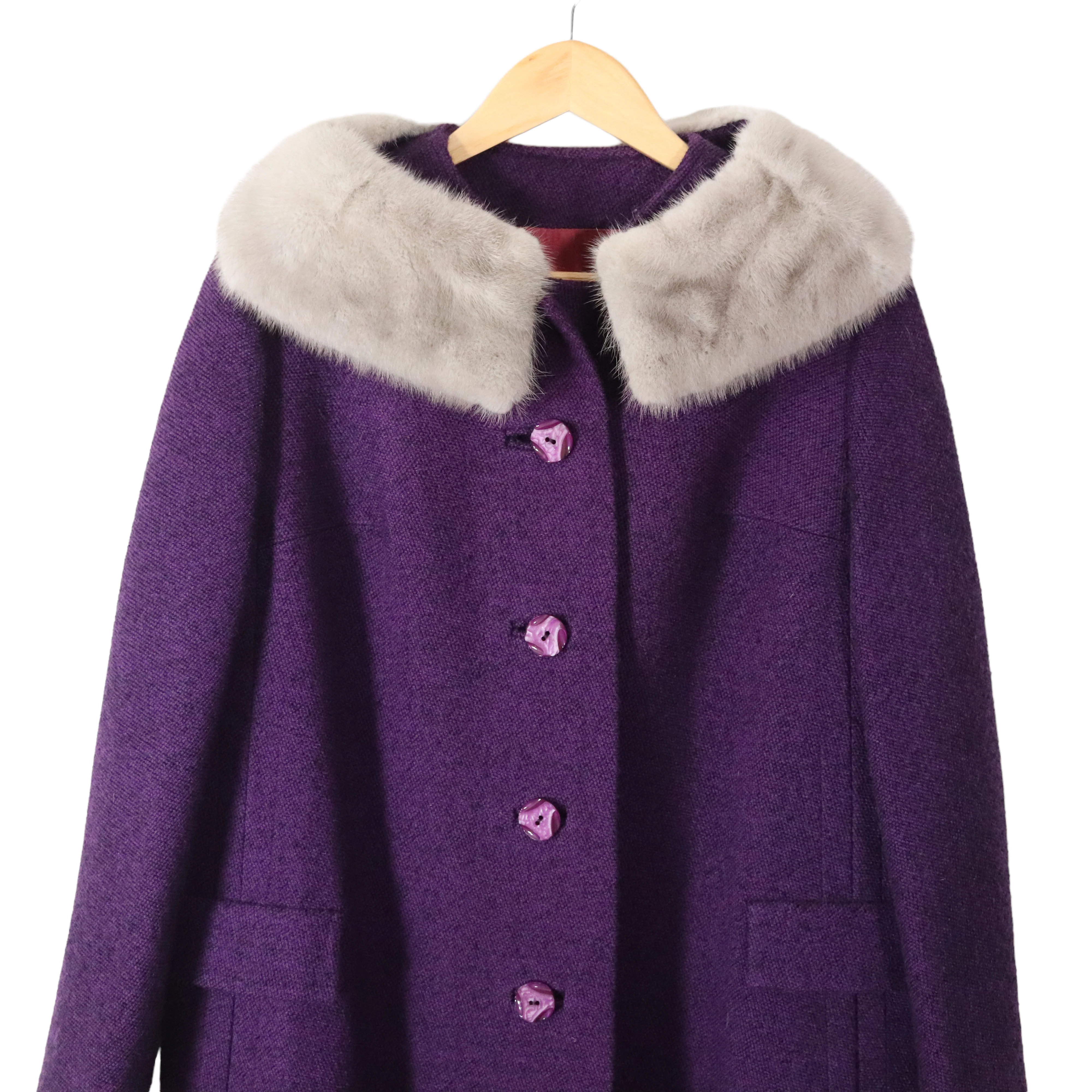 60s Plum Wool Tweed Fur Collar Long Coat By Shagmoor - Image 5