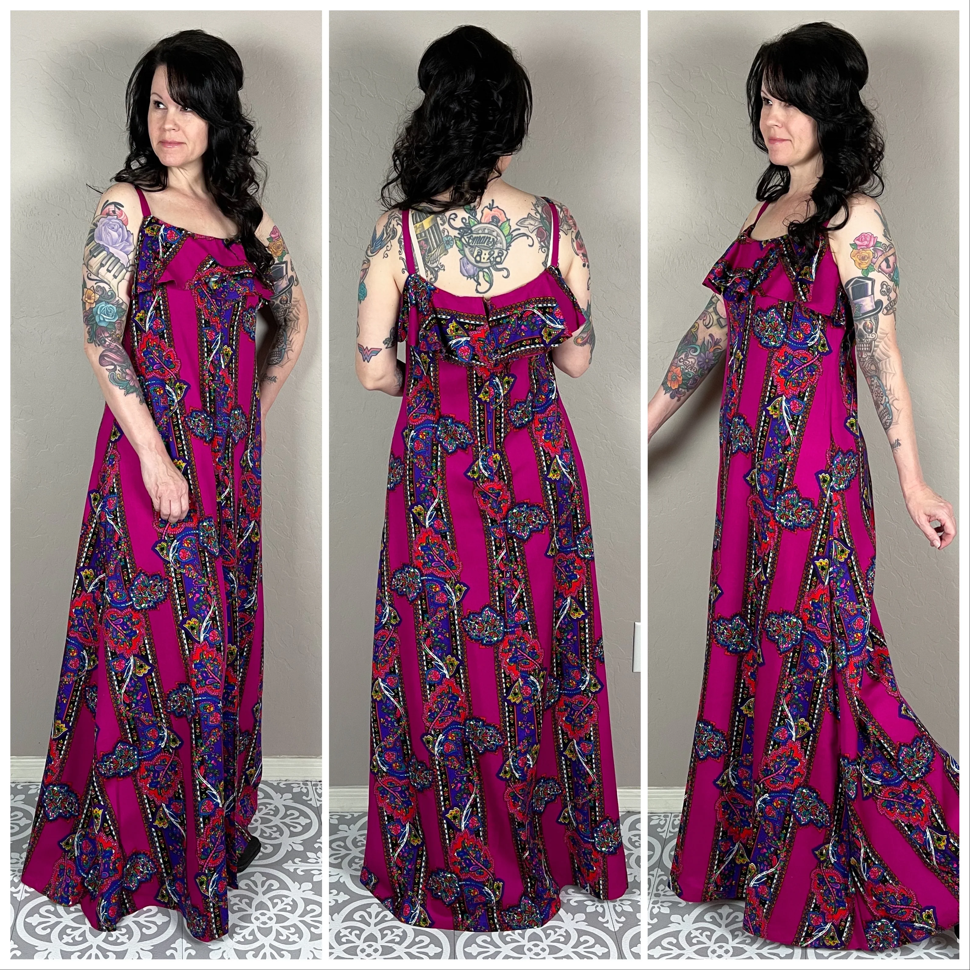 60s Psychedelic Floral And Paisley A-line Maxi Dress - Image 3