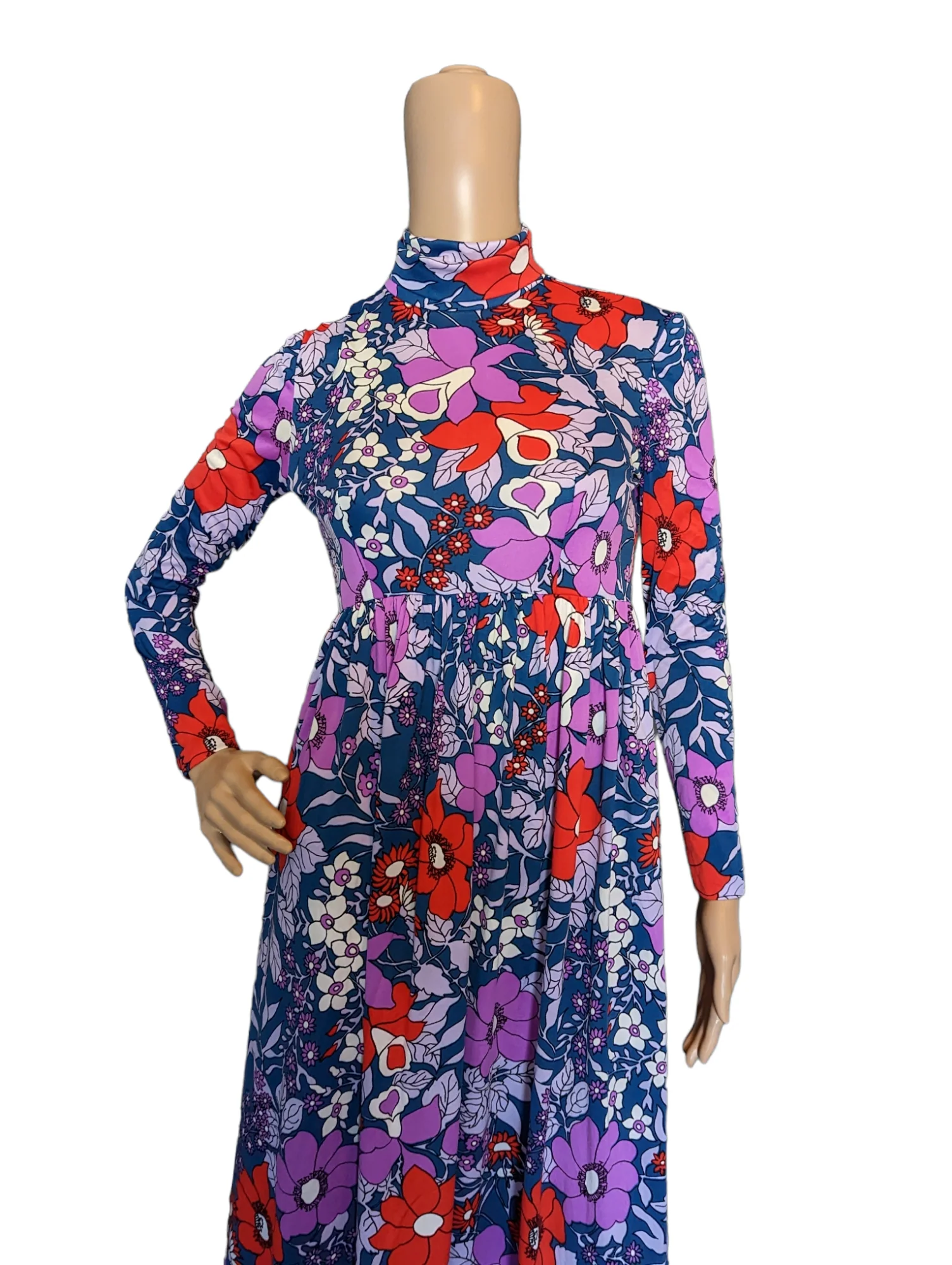 60s Psychedelic Floral Mock Turtleneck Mod Maxi Dress By Marek - Image 3