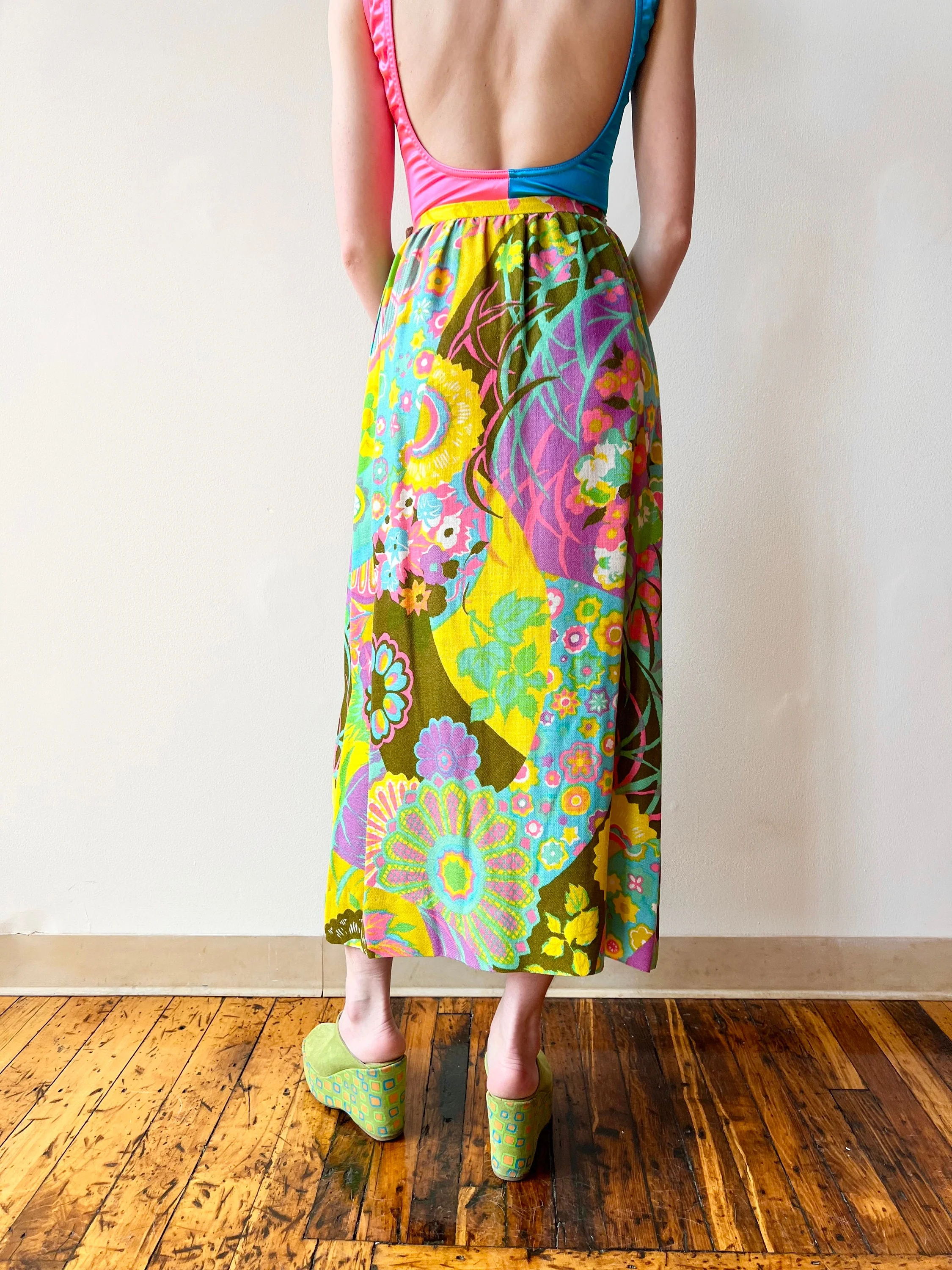 60s Psychedelic Linen Barkcloth High Rise Maxi Skirt - Image 5