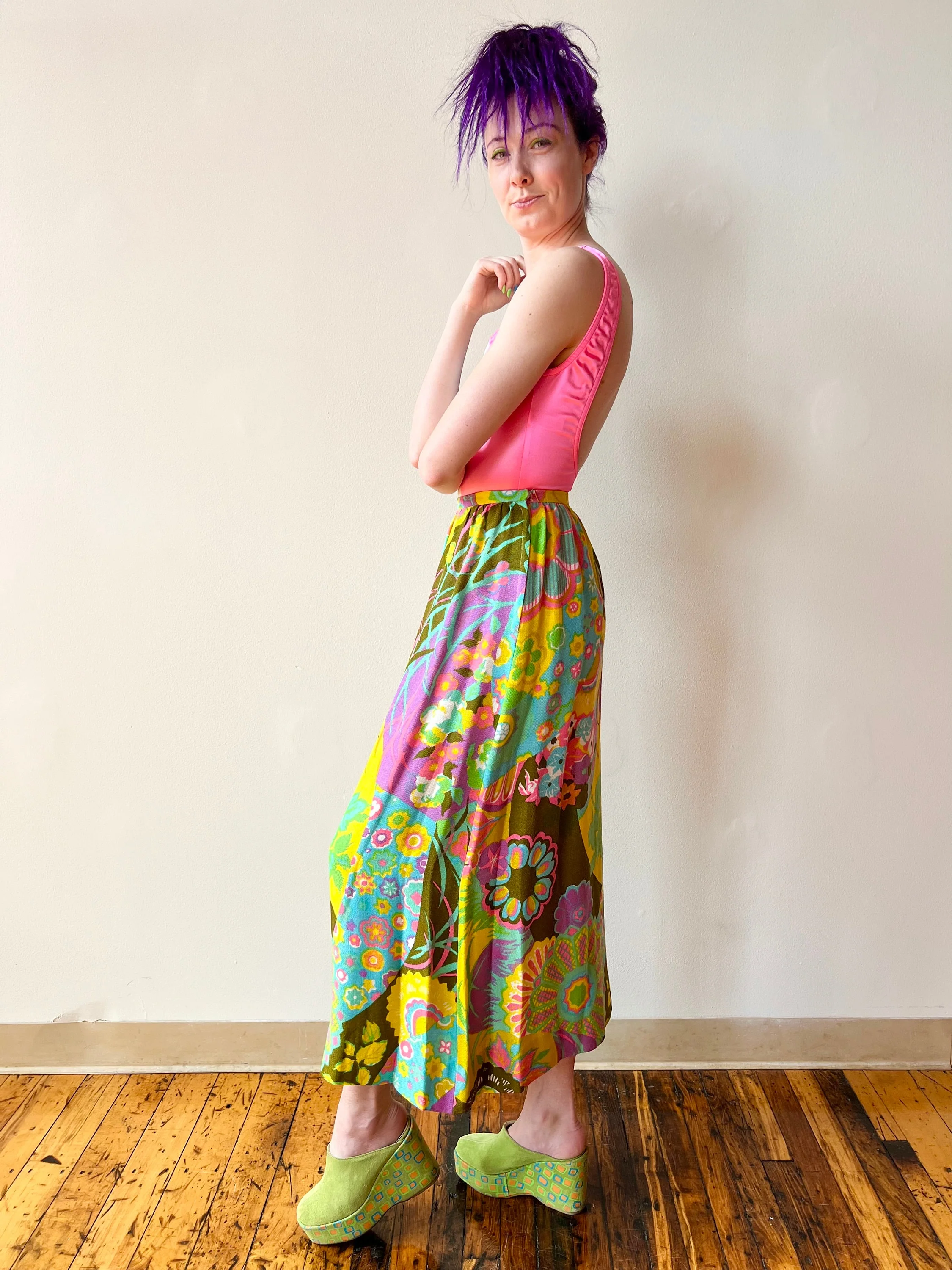 60s Psychedelic Linen Barkcloth High Rise Maxi Skirt - Image 9