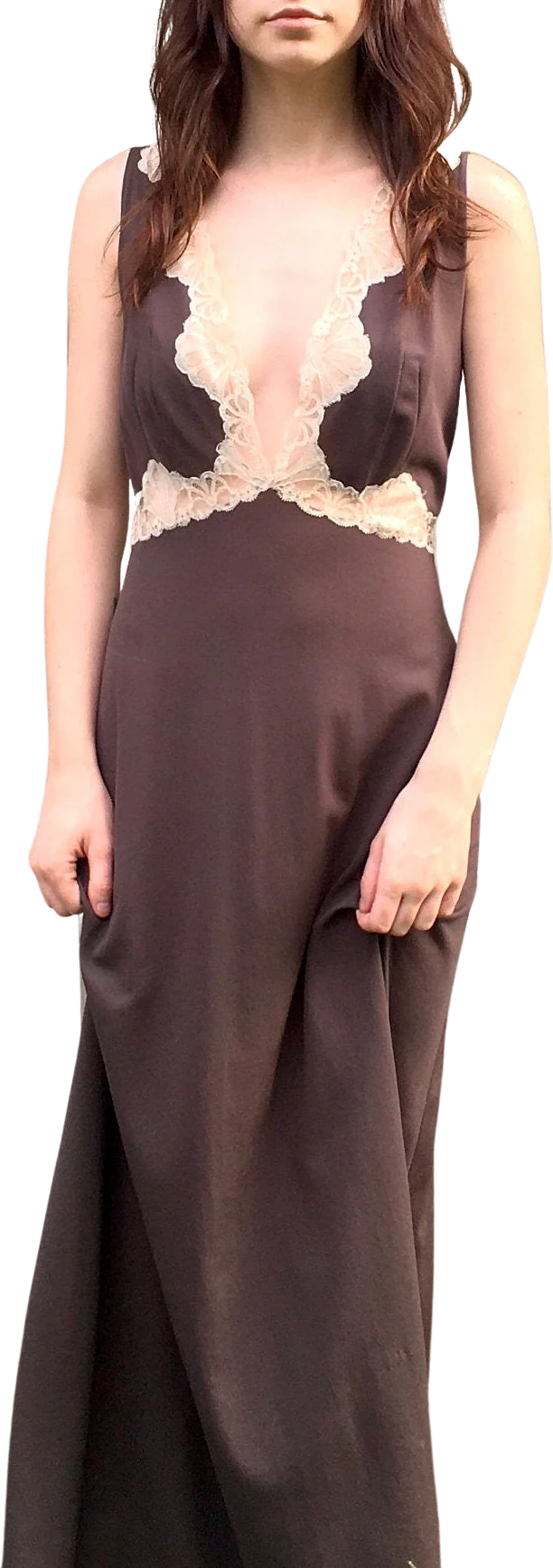 60s Pucci Brown Long Lace Dress Lace Goddess Plunging Ethereal Dress Deep V Maxi Dress Vintage Nightgown Sundress by Emilio Pucci