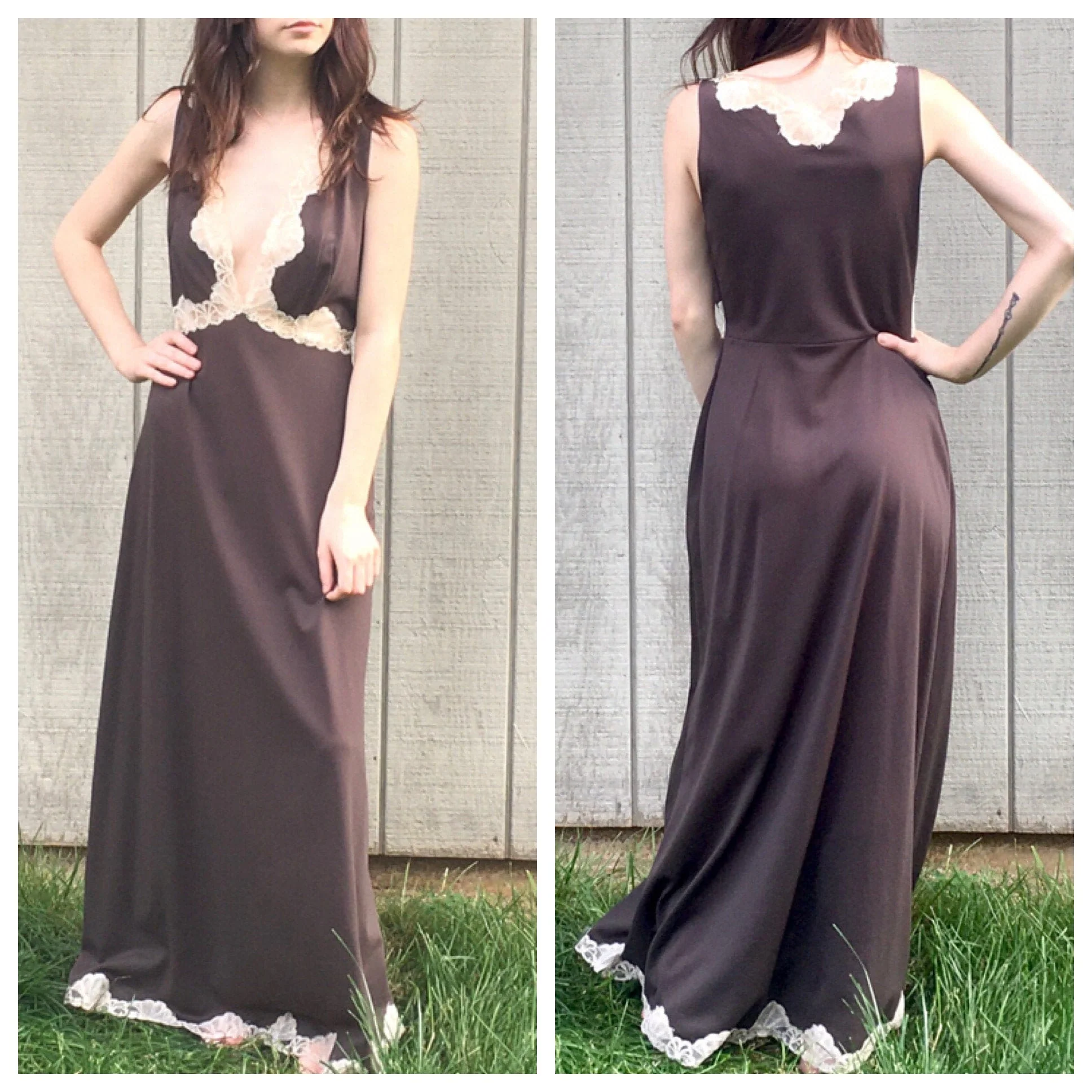 60s Pucci Brown Long Lace Dress Lace Goddess Plunging Ethereal Dress Deep V Maxi Dress Vintage Nightgown Sundress by Emilio Pucci - Image 2
