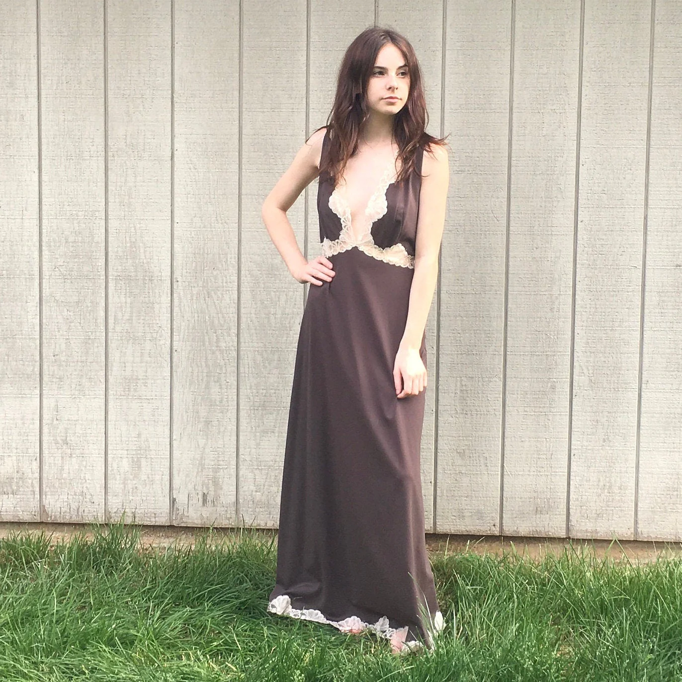 60s Pucci Brown Long Lace Dress Lace Goddess Plunging Ethereal Dress Deep V Maxi Dress Vintage Nightgown Sundress by Emilio Pucci - Image 3