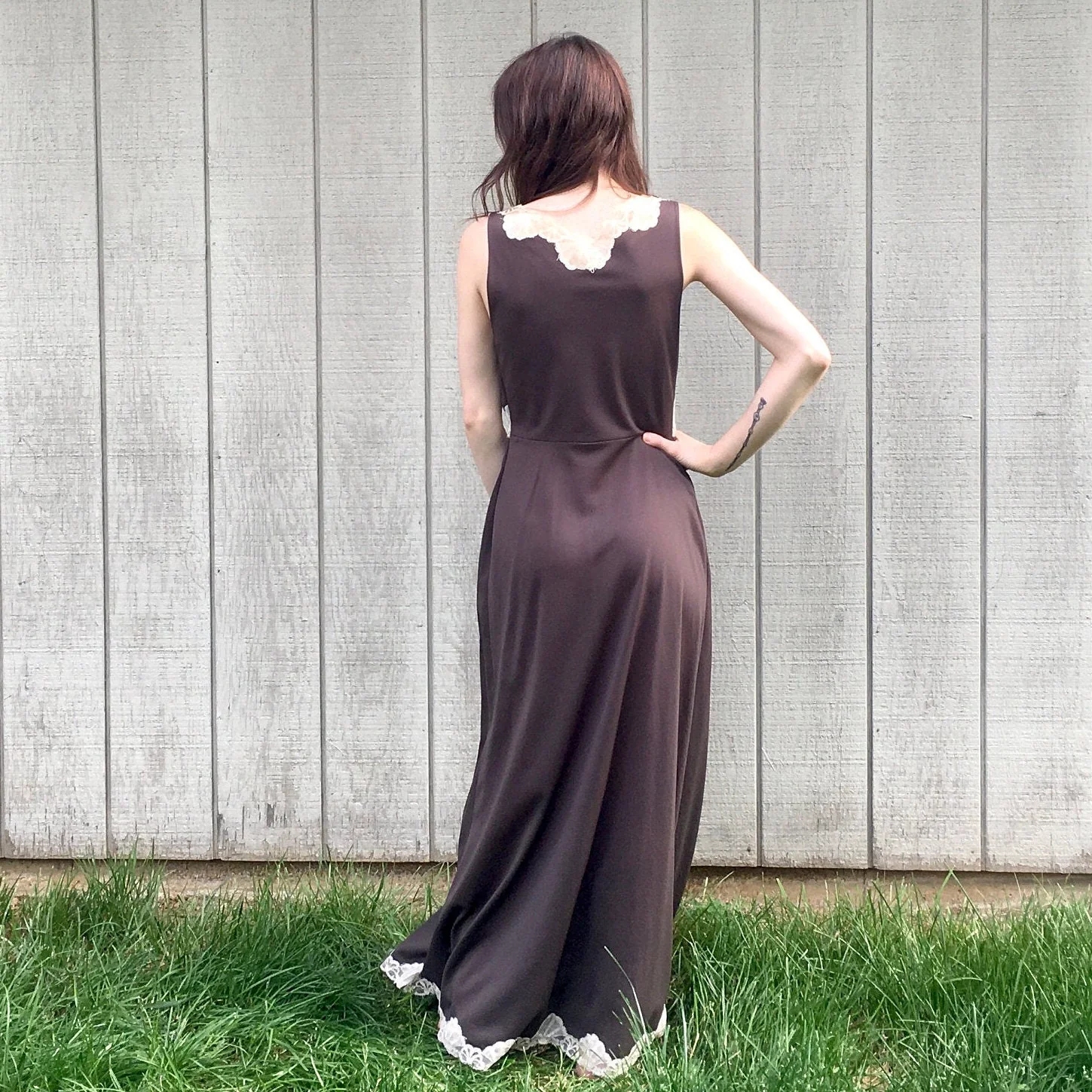 60s Pucci Brown Long Lace Dress Lace Goddess Plunging Ethereal Dress Deep V Maxi Dress Vintage Nightgown Sundress by Emilio Pucci - Image 4