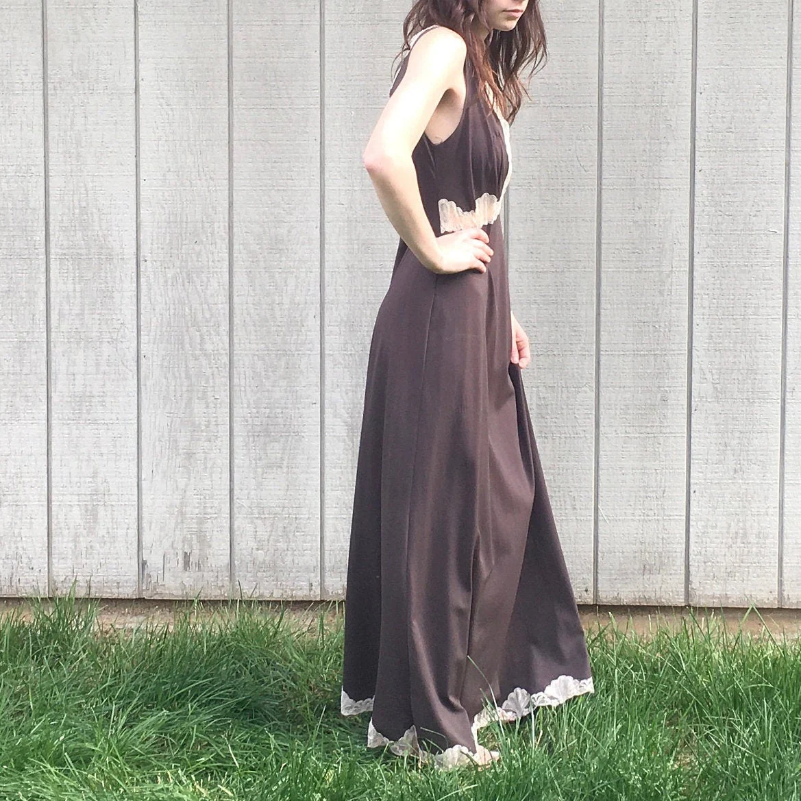 60s Pucci Brown Long Lace Dress Lace Goddess Plunging Ethereal Dress Deep V Maxi Dress Vintage Nightgown Sundress by Emilio Pucci - Image 5