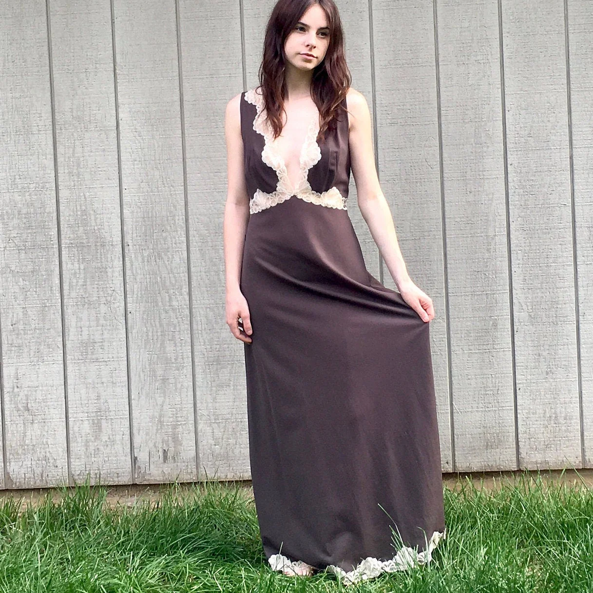 60s Pucci Brown Long Lace Dress Lace Goddess Plunging Ethereal Dress Deep V Maxi Dress Vintage Nightgown Sundress by Emilio Pucci - Image 6