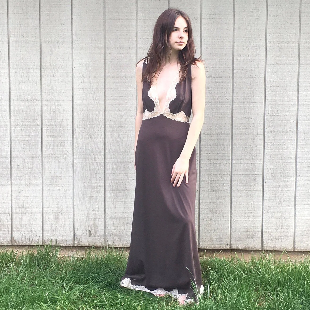 60s Pucci Brown Long Lace Dress Lace Goddess Plunging Ethereal Dress Deep V Maxi Dress Vintage Nightgown Sundress by Emilio Pucci - Image 7