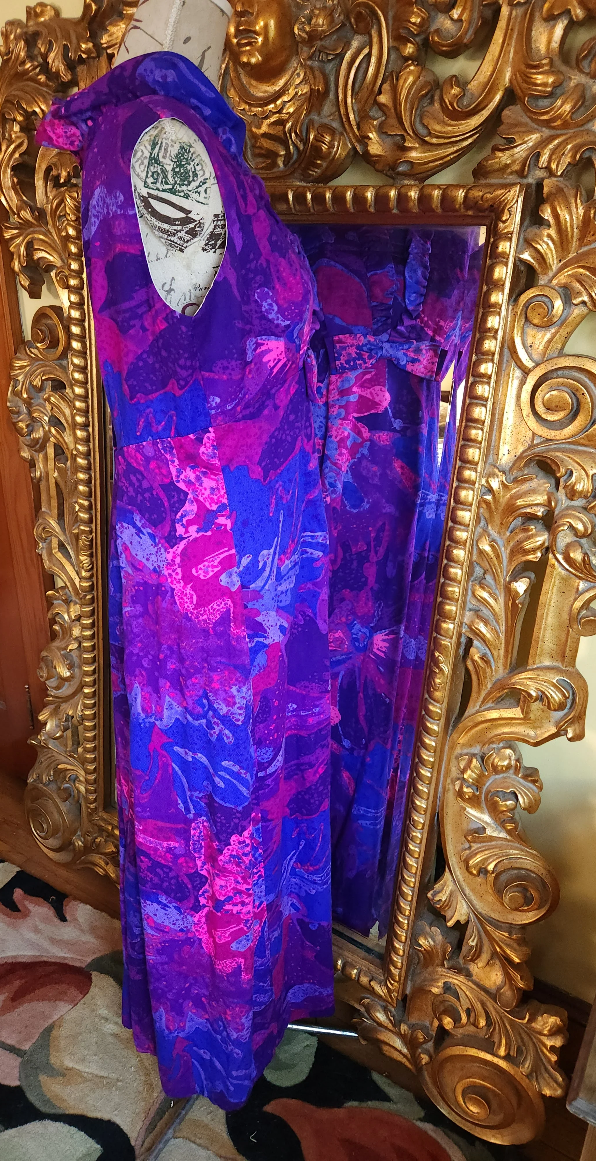 60s Purple And Pink Hawaiian Dress With Ruffled Collar By Mildred's of Hawaii - Image 3