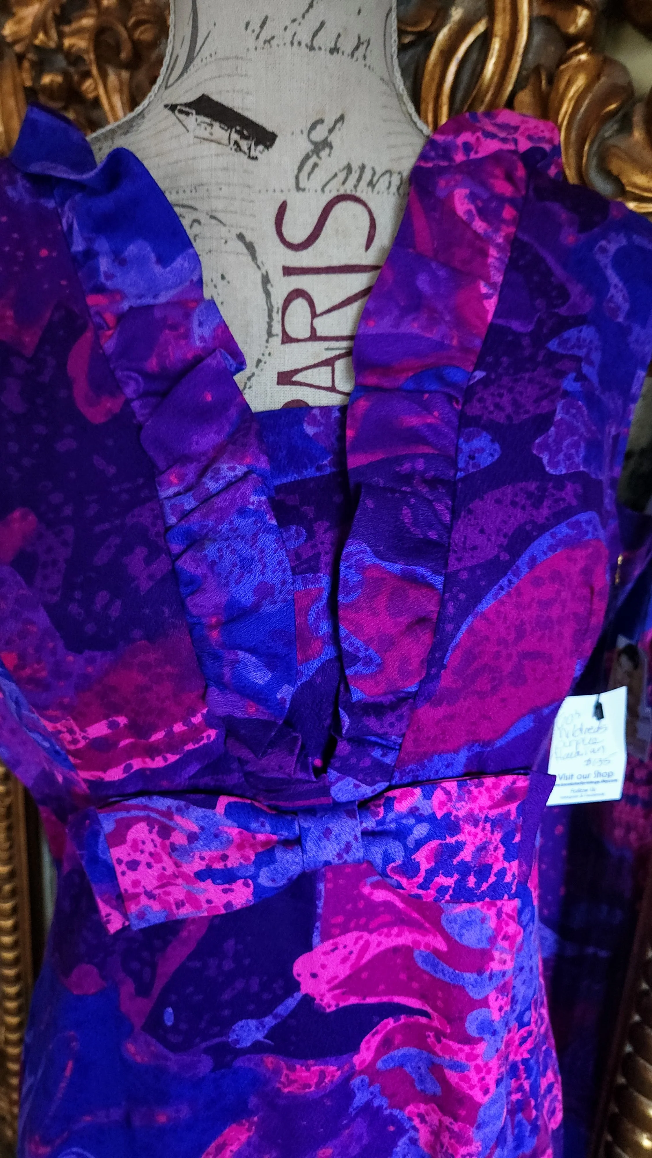 60s Purple And Pink Hawaiian Dress With Ruffled Collar By Mildred's of Hawaii - Image 5