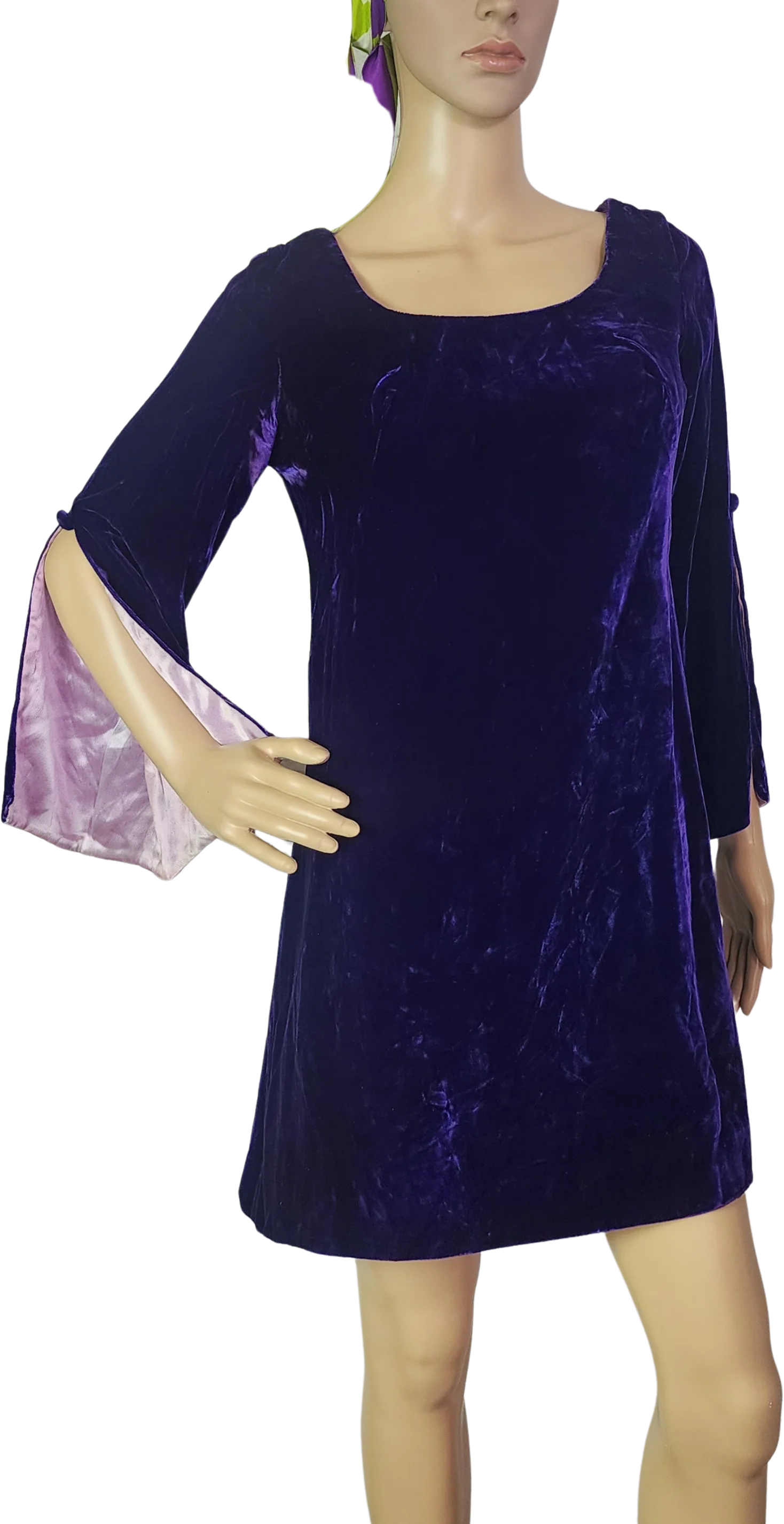 60s Purple Velvet Bell Sleeve Mini Shift Dress