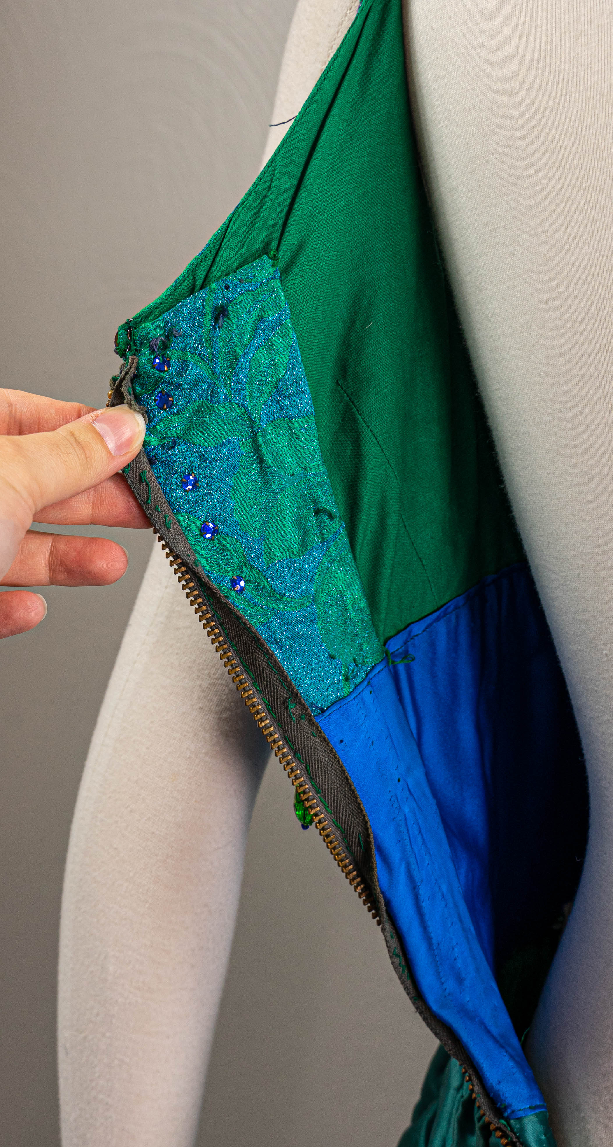 60s Quilted Green And Blue Satin Ball Gown Beaded - Image 10