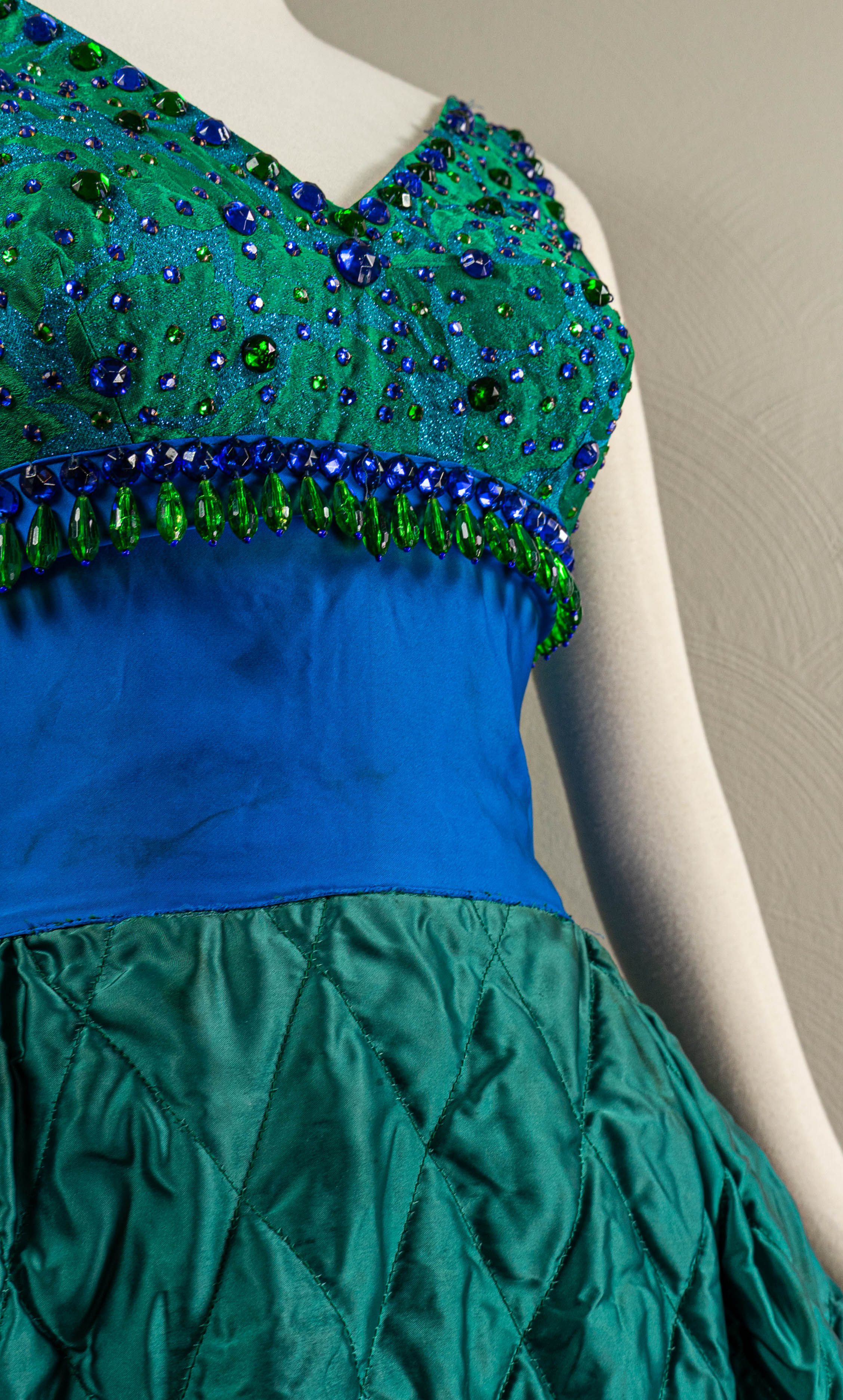 60s Quilted Green And Blue Satin Ball Gown Beaded - Image 2