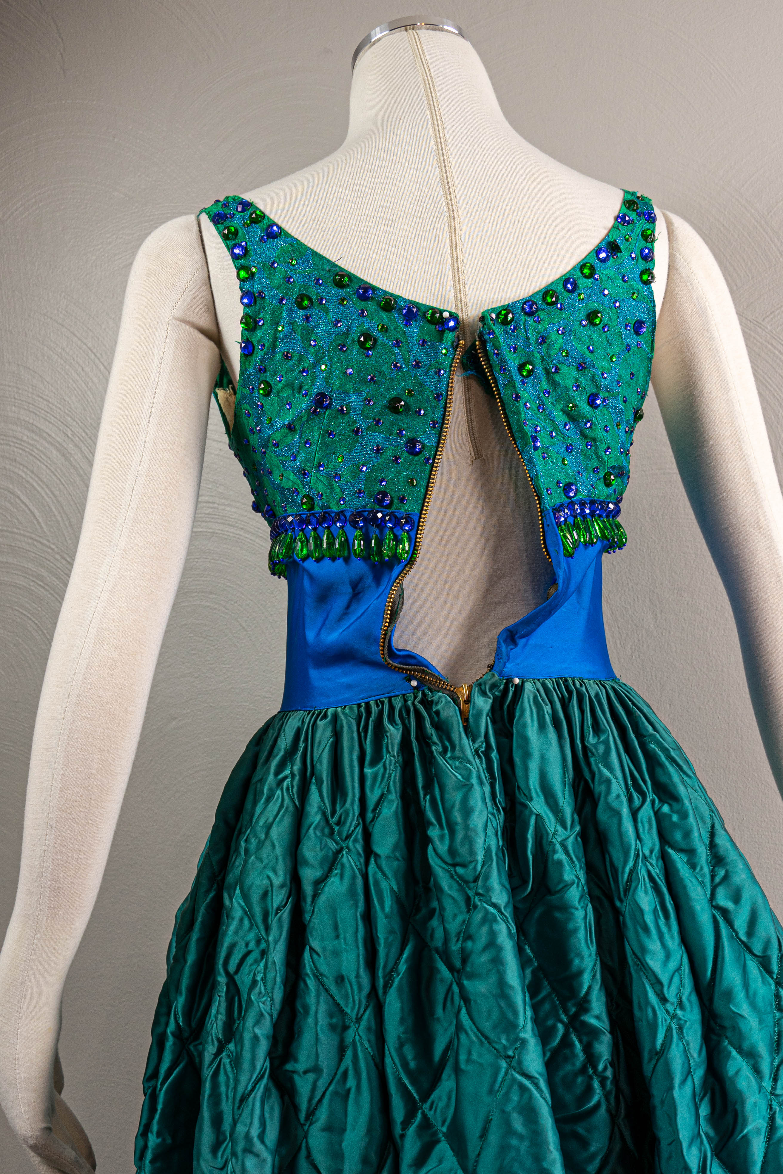 60s Quilted Green And Blue Satin Ball Gown Beaded - Image 8