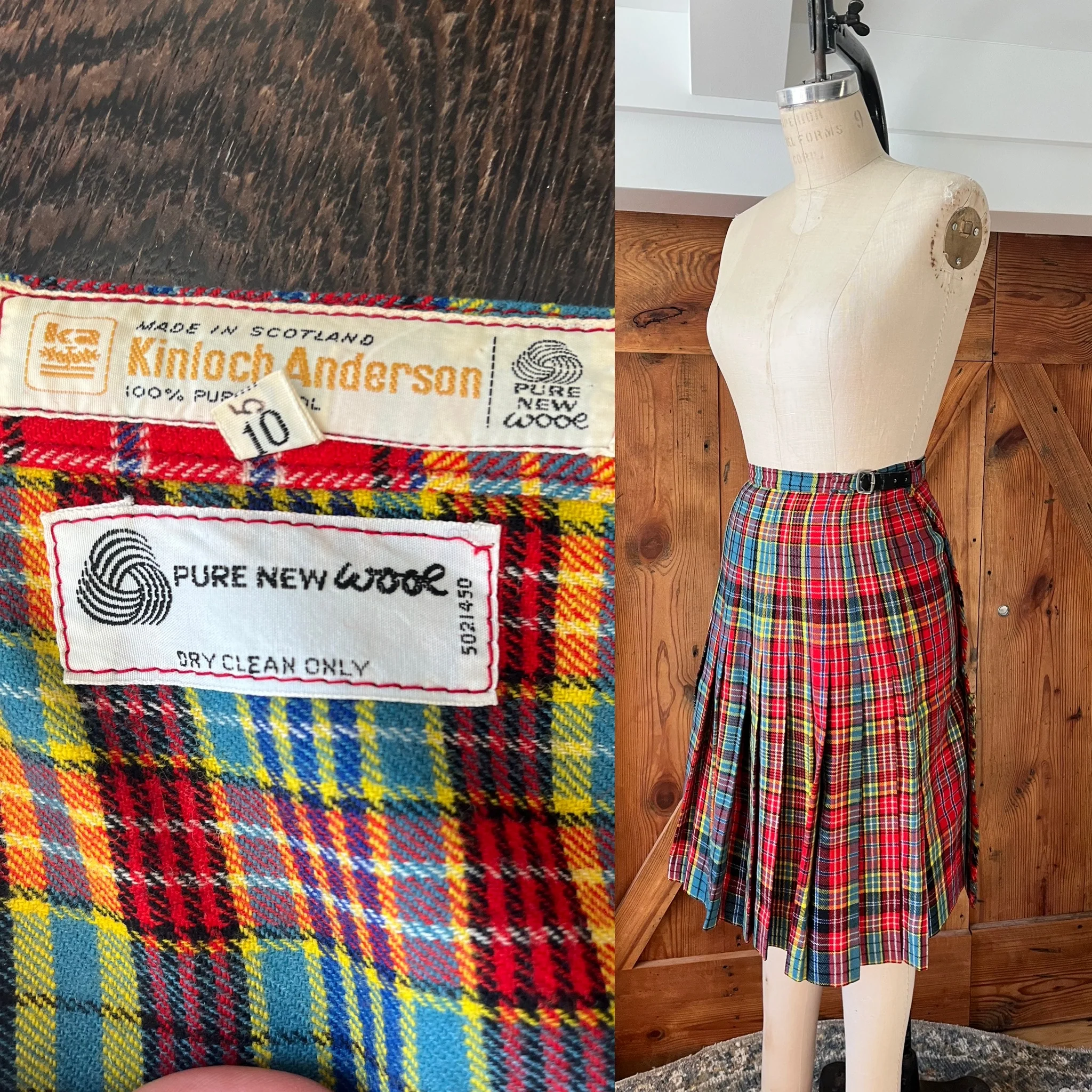 60s Rainbow Tartan Plaid Pleated High Waist Midi Skirt - Image 3