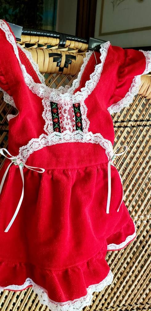 60s Red Baby Dress 18m Red Baby Jumper, Red Velvet Baby Dress, 18m by Evy Of California - Image 5