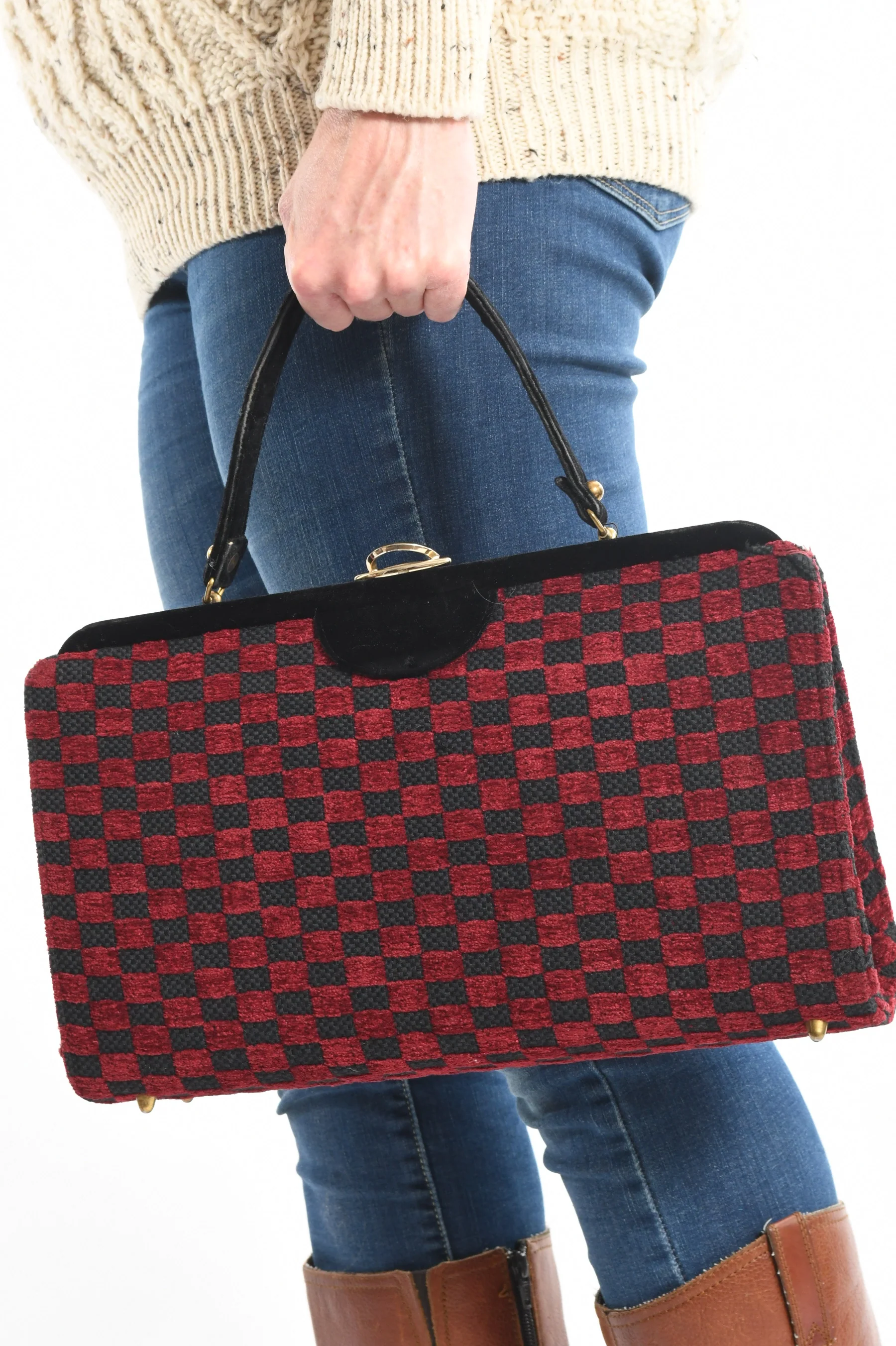 60s Red Black Rectangular Velvet Mod Carpetbag Purse By Bobbie Jerome - Image 4