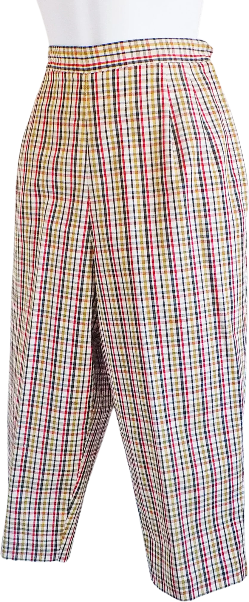 60s Red Blue and Yellow Plaid Pedal Pushers Clam Diggers Capri Pants Rockabilly Cotton One Side Pocket Union Made