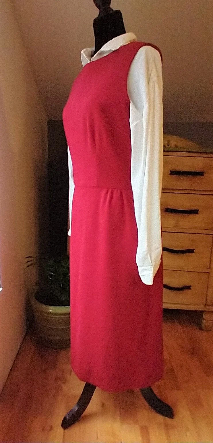 60s Red Jumper Knit Dress Lined Sleeveles Christmas Dress Women's Medium - Image 3