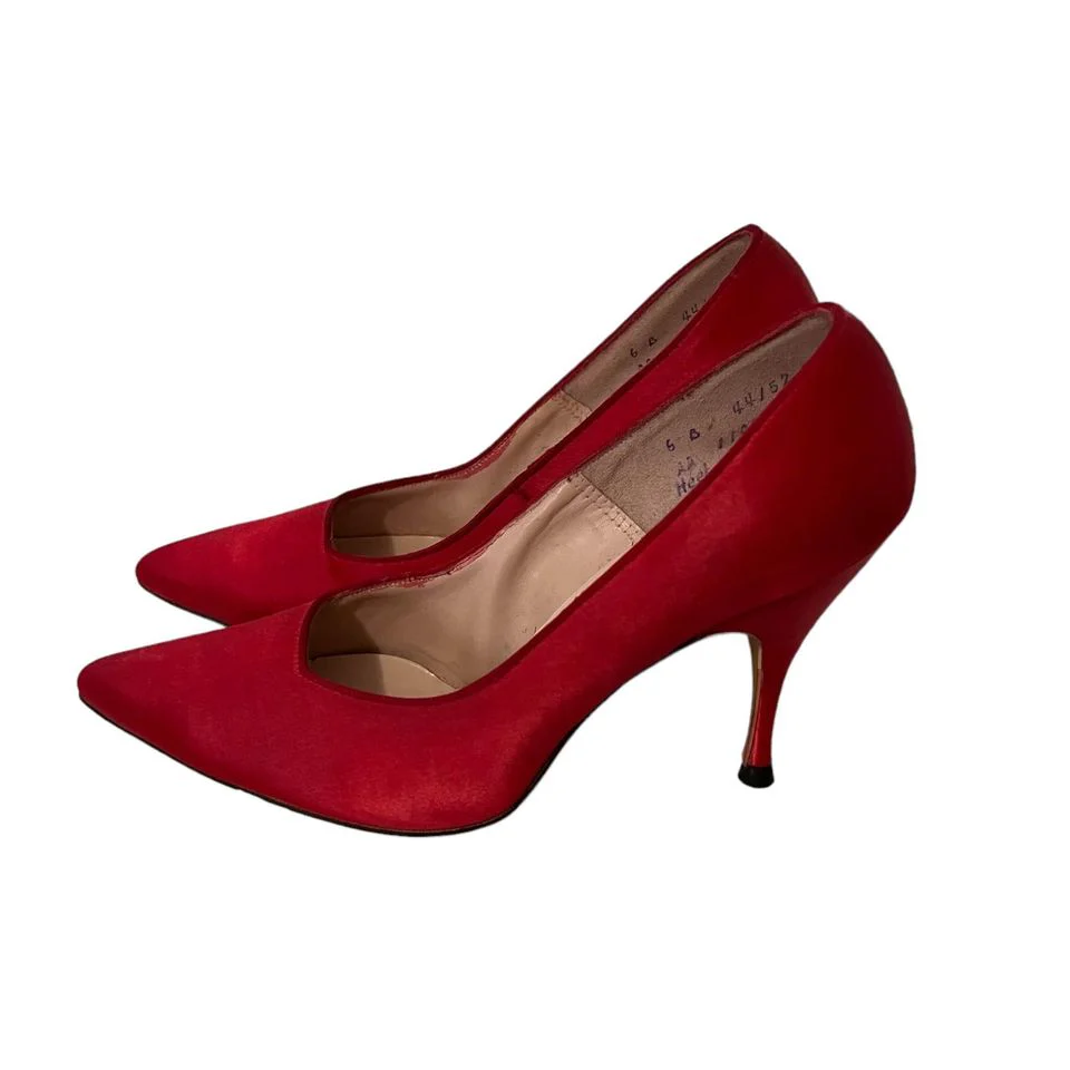 60s Red Satin Silk Stilleto Pointy Toe Heels 6 By Quallcraft - Image 3
