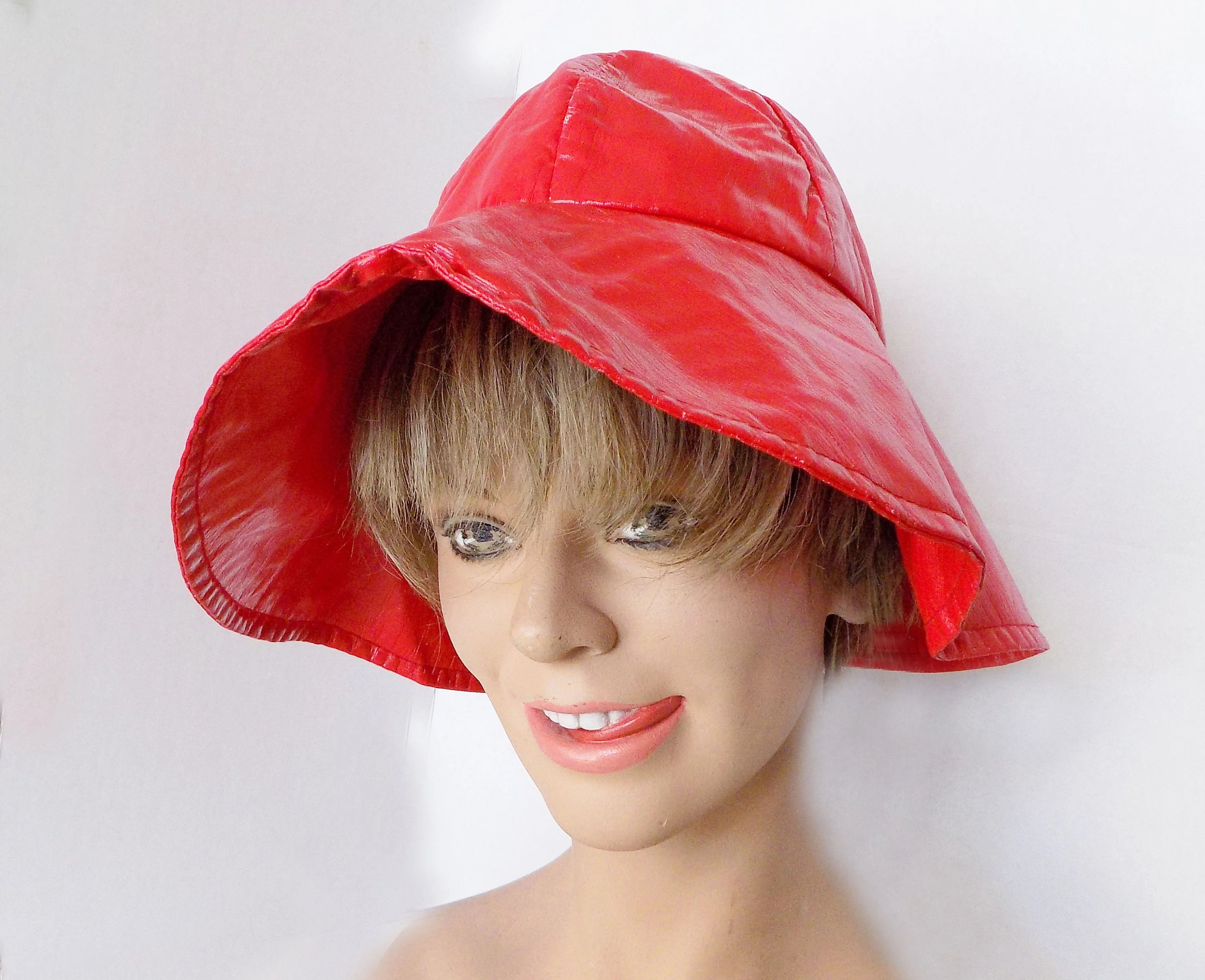 60s Red Slicker Hat Mod Rain Hat Fisherman's Hat Red Wide Brim Medium Could Be Repro Teen - Image 10
