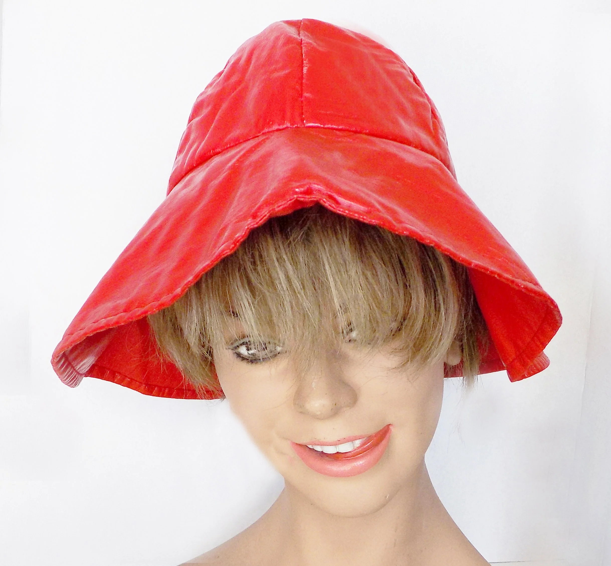 60s Red Slicker Hat Mod Rain Hat Fisherman's Hat Red Wide Brim Medium Could Be Repro Teen - Image 6